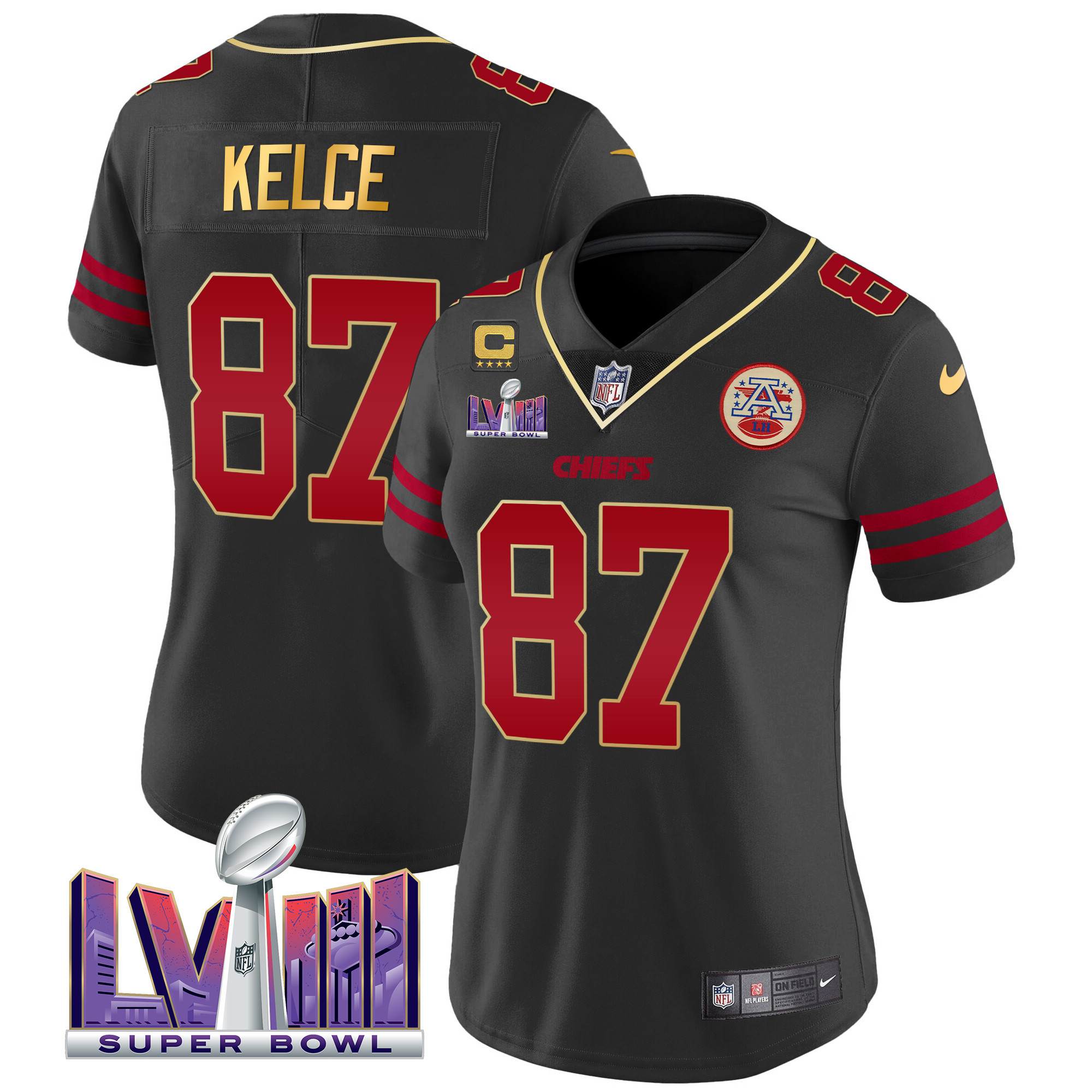 Travis Kelce Women's Kansas City Chiefs Super Bowl LVIII Patch Vapor Gold Trim Jersey - All Stitched 