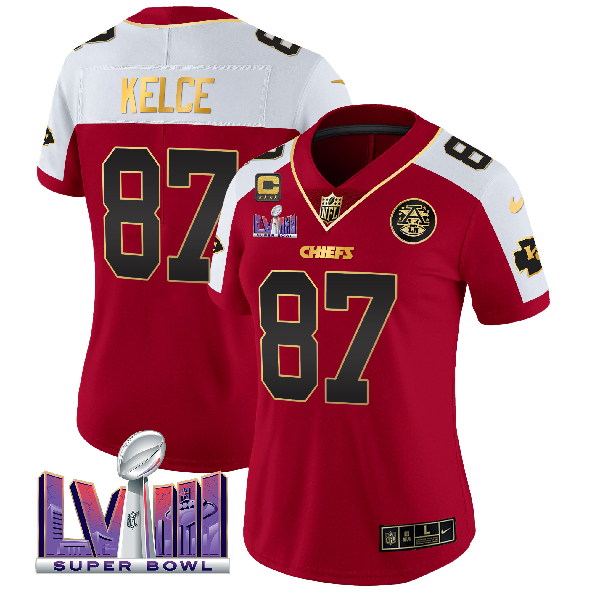 Travis Kelce Women's Kansas City Chiefs Super Bowl LVIII Patch Vapor Red Alternate Jersey - All Stitched 