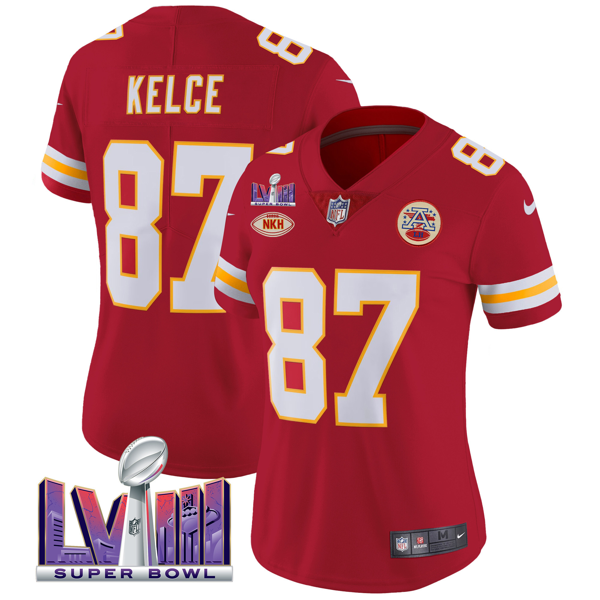 Travis Kelce Women's Kansas City Chiefs Super Bowl LVIII Patch Vapor Red Jersey - All Stitched 