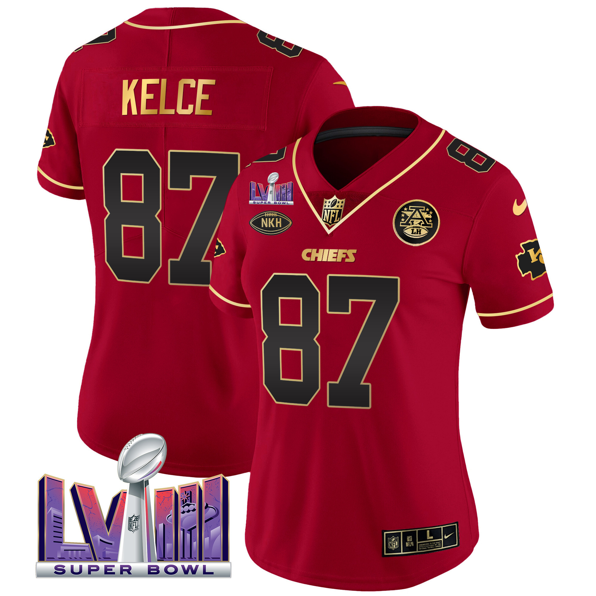 Travis Kelce Women's Kansas City Chiefs Super Bowl LVIII Patch Vapor Red Special Jersey - All Stitched 