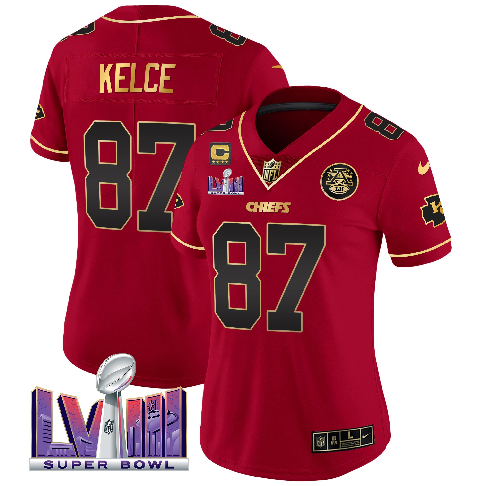 Travis Kelce Women's Kansas City Chiefs Super Bowl LVIII Patch Vapor Red Special Jersey - All Stitched 
