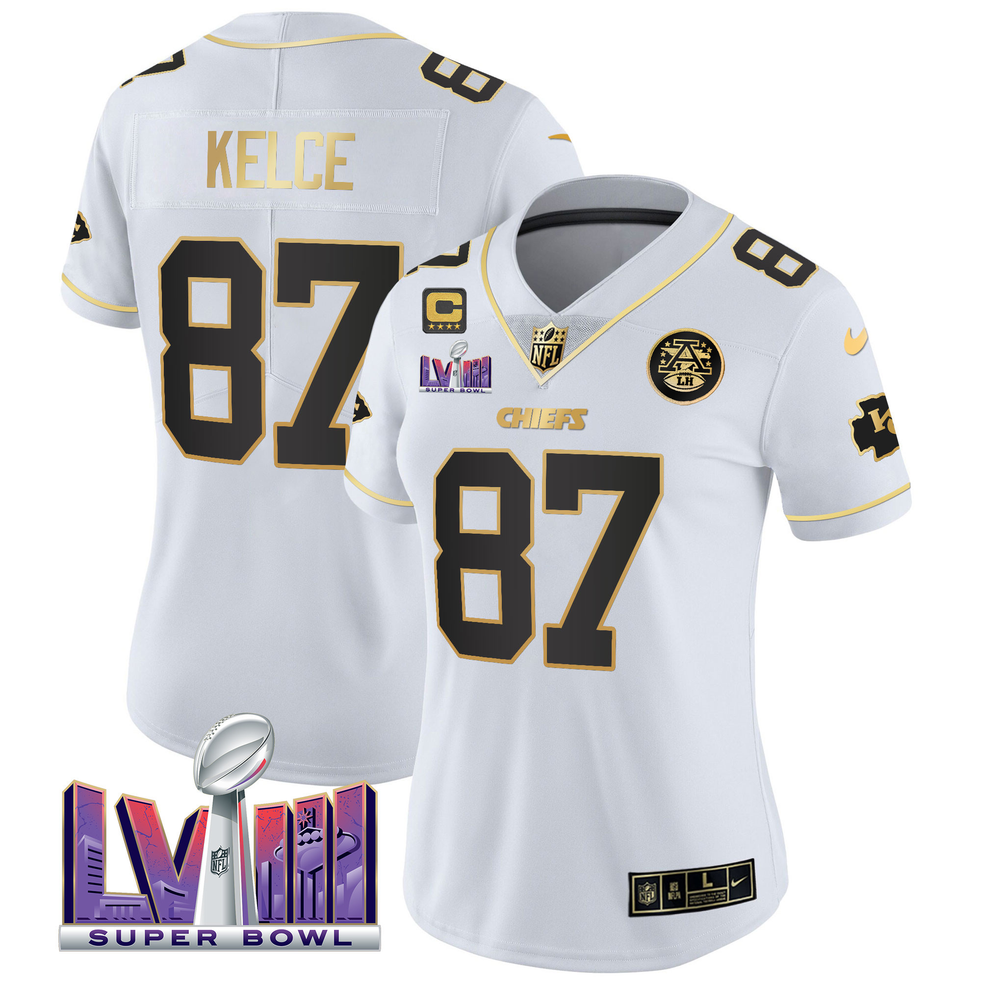 Travis Kelce Women's Kansas City Chiefs Super Bowl LVIII Patch Vapor White Gold Jersey - All Stitched 