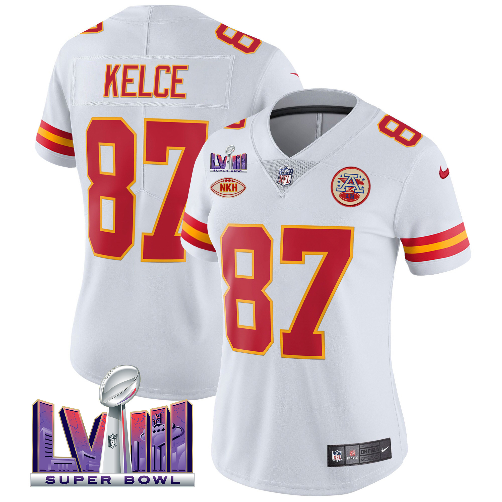 Travis Kelce Women's Kansas City Chiefs Super Bowl LVIII Patch Vapor White Jersey - All Stitched 