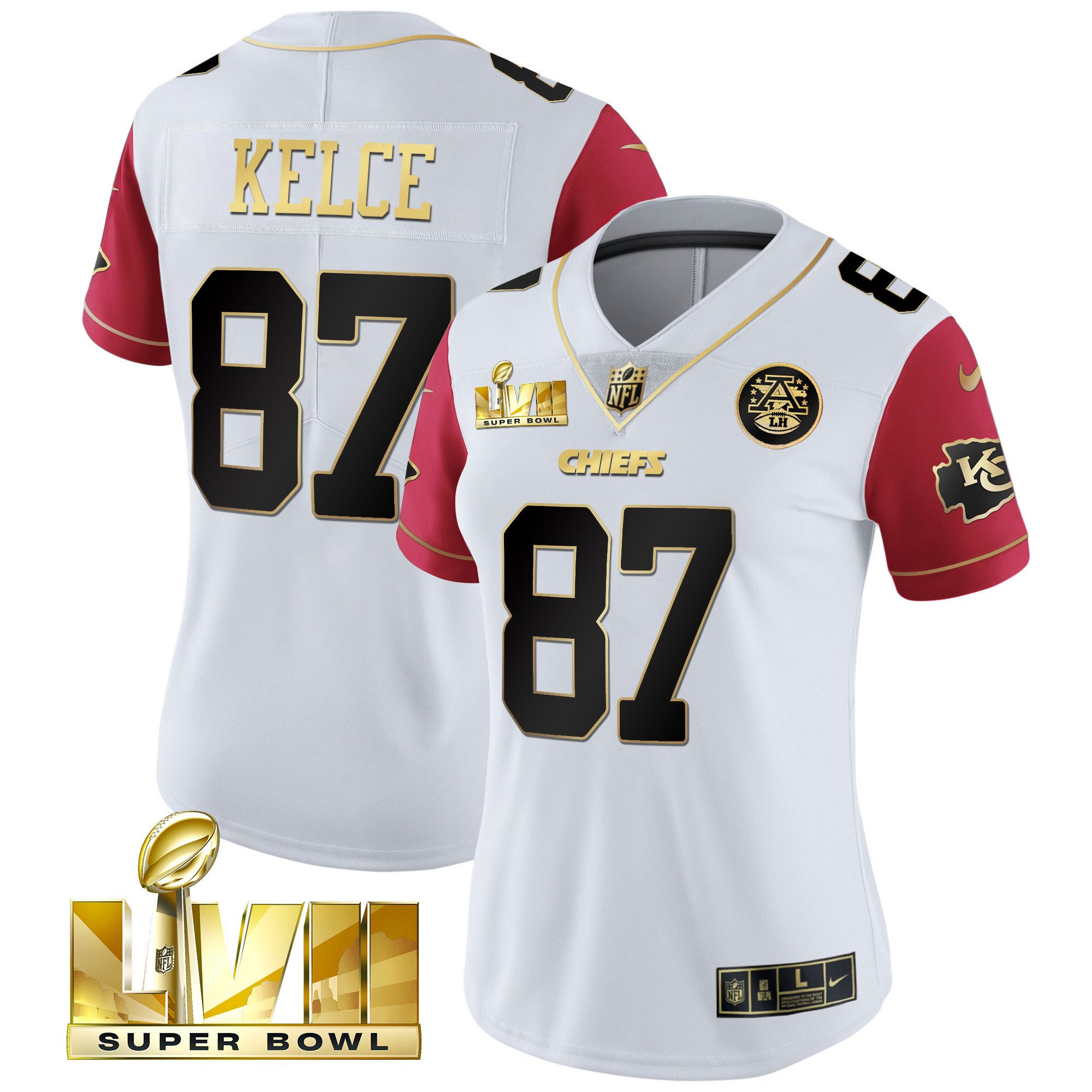 Travis Kelce Women's Kansas City Chiefs Super Bowl Vapor Gold Color Sleeve Jersey - All Stitched 