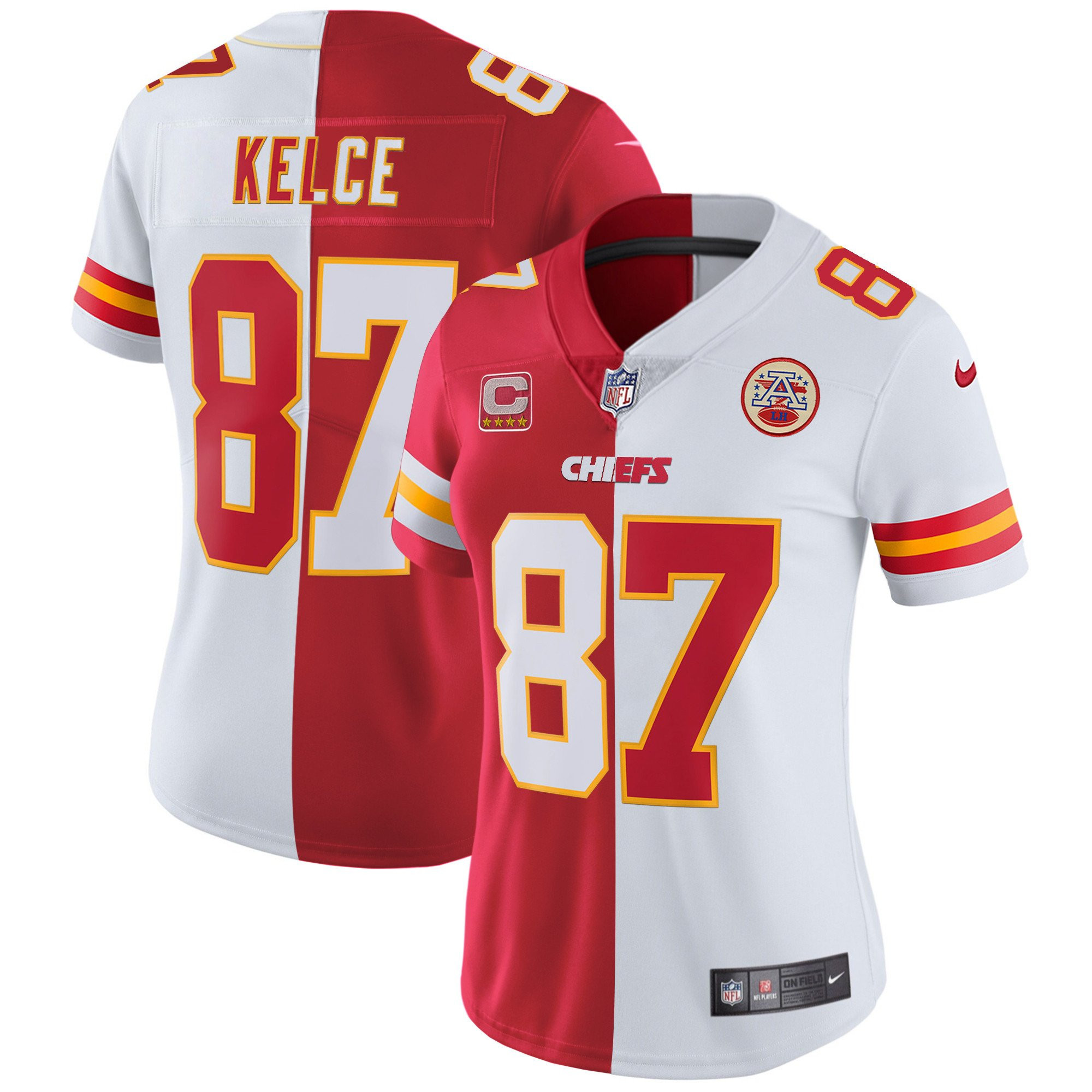 Travis Kelce Women's Kansas City Chiefs White Gold & Black Gold Split Jersey - All Stitched 