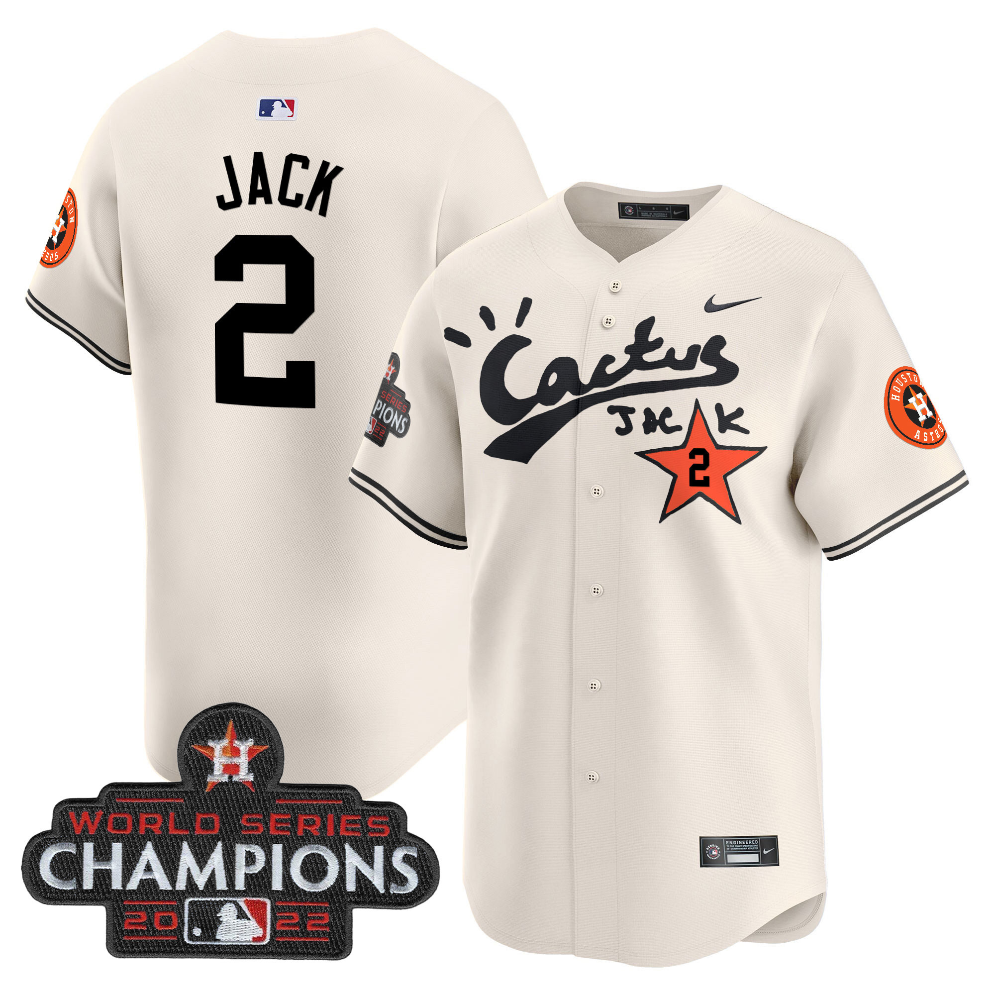 Travis Scott Men's Houston Astros Cactus Jack Champions Patch Vapor Premier Limited Cream Jersey - All Stitched