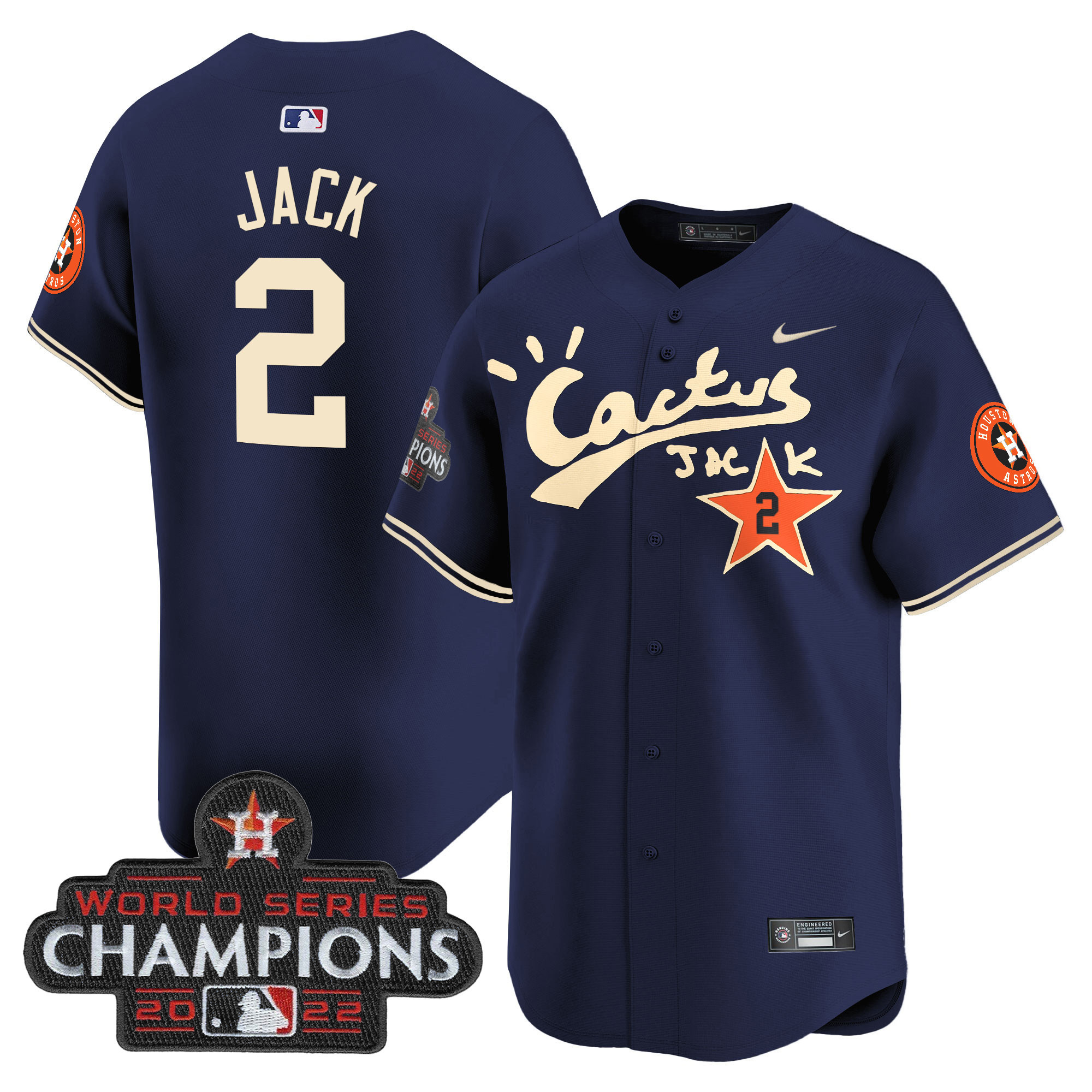 Travis Scott Men's Houston Astros Cactus Jack Champions Patch Vapor Premier Limited Navy Jersey - All Stitched