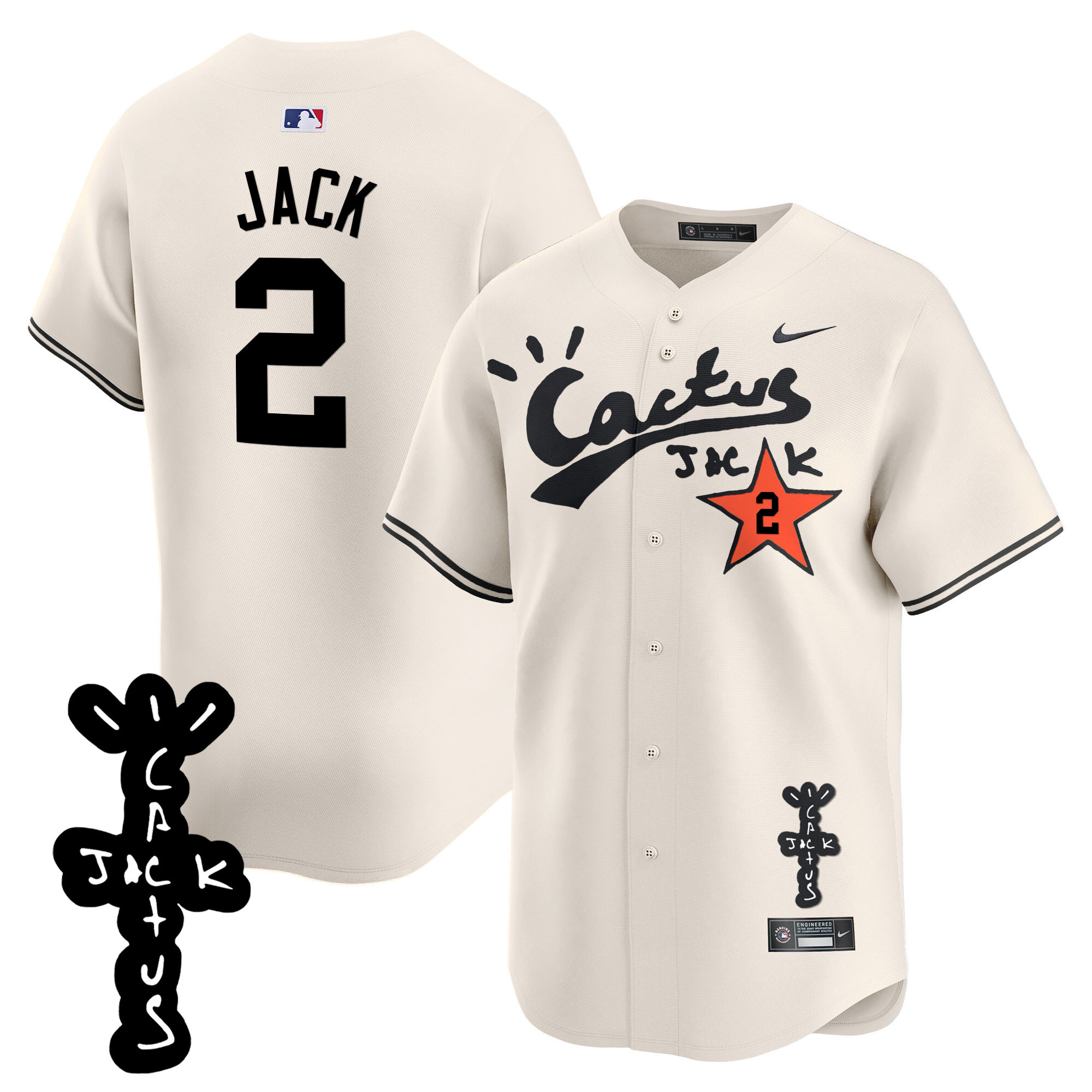 Travis Scott Men's Houston Astros Cactus Jack Patch Vapor Premier Limited V2 Cream Jersey - All Stitched