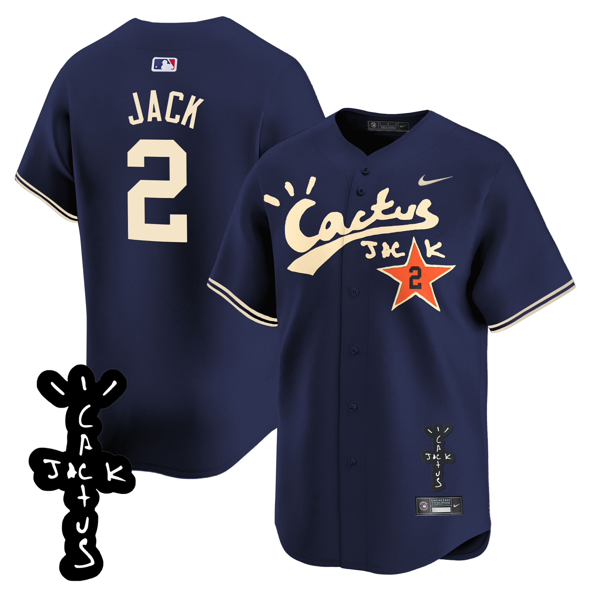 Travis Scott Men's Houston Astros Cactus Jack Patch Vapor Premier Limited V2 Navy Jersey - All Stitched