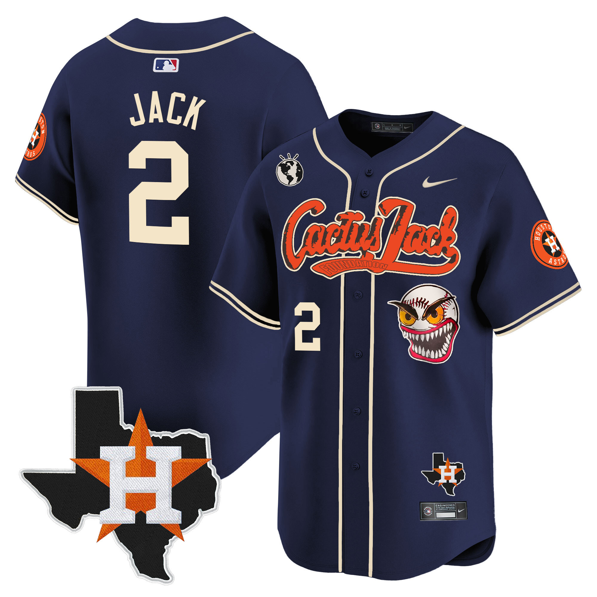 Travis Scott Men's Houston Astros Cactus Jack Patch Vapor Premier Limited V6 Navy Jersey - All Stitched