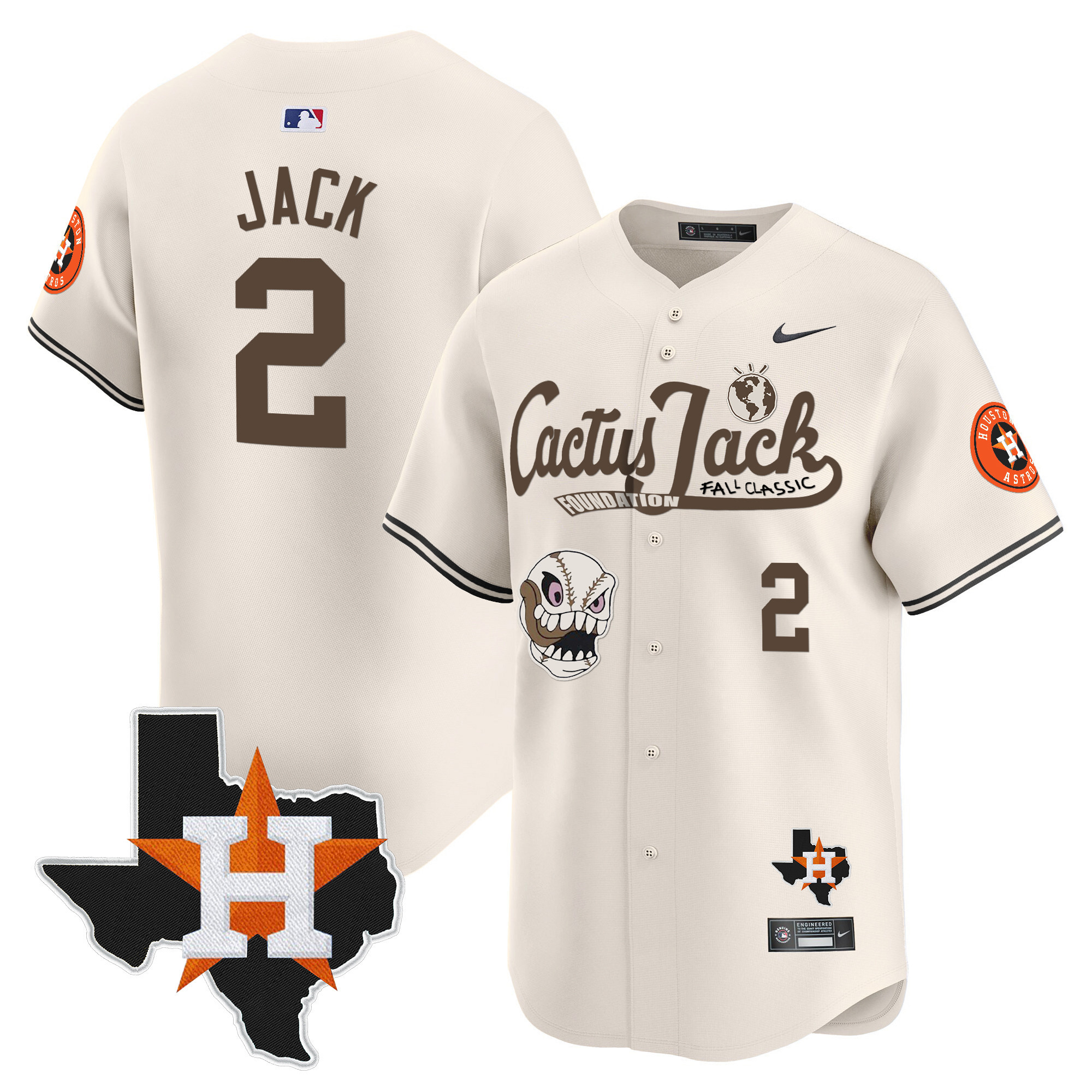 Travis Scott Men's Houston Astros Cactus Jack Patch Vapor Premier Limited V8 Cream Jersey - All Stitched