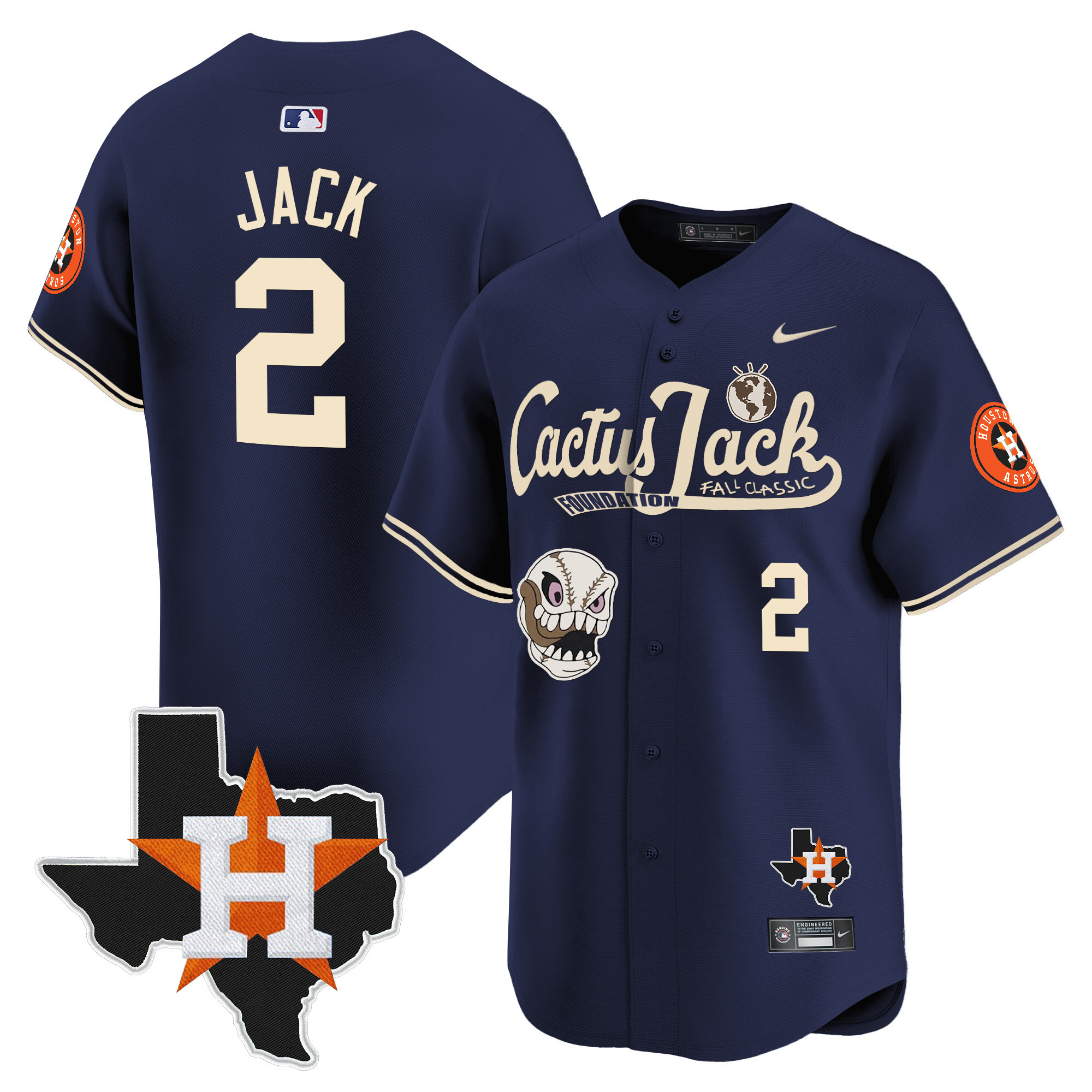 Travis Scott Men's Houston Astros Cactus Jack Patch Vapor Premier Limited V8 Navy Jersey - All Stitched