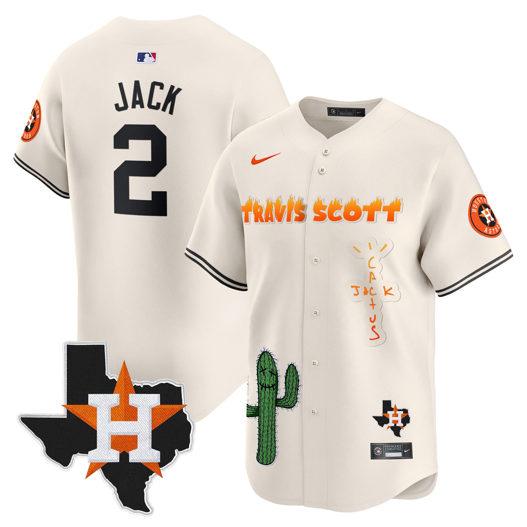 Travis Scott Men's Houston Astros Cactus Jack Patch Vapor Premier Limited V9 Cream Jersey - All Stitched