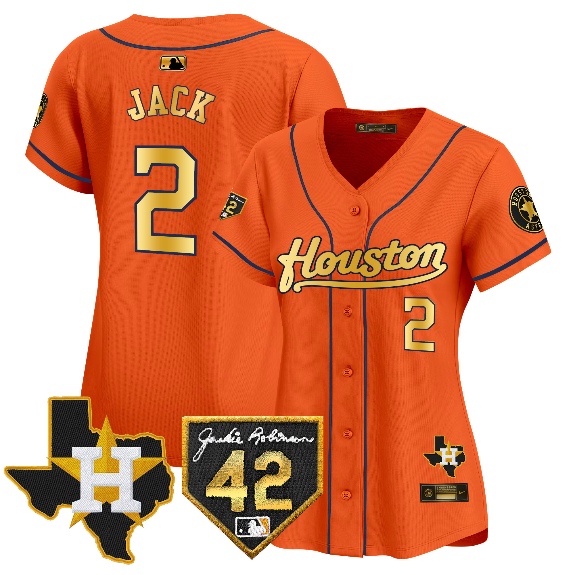 Travis Scott Women's Houston Astros 2024 Jackie Robinson Patch Vapor Premier Limited Orange Gold Jersey - All Stitched