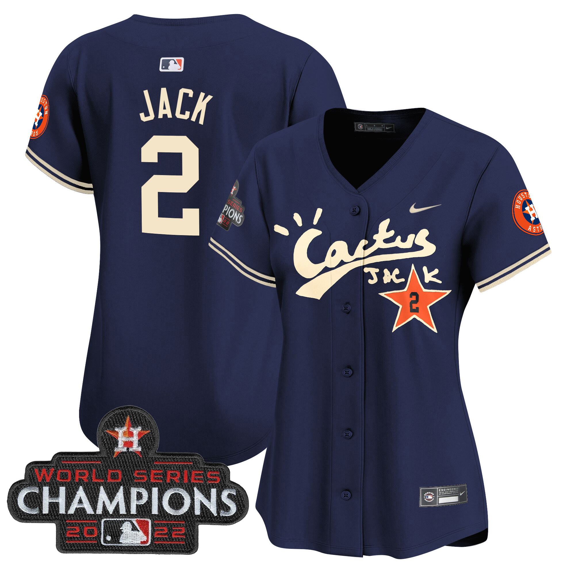 Travis Scott Women's Houston Astros Cactus Jack Champions Patch Vapor Premier Limited Navy Jersey - All Stitched