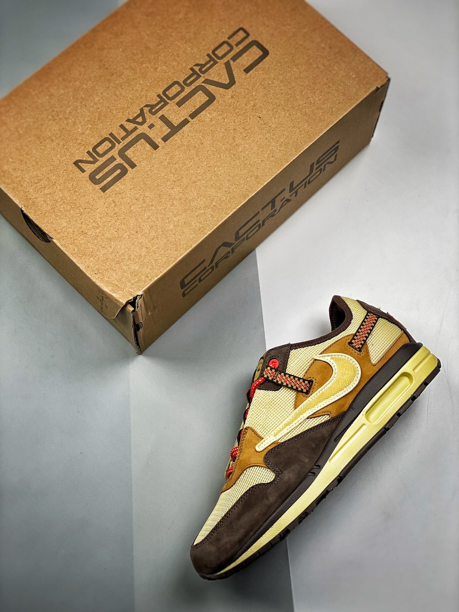Travis Scott x Nike Air Max 1 Baroque Brown/Lemon Drop-Wheat-Chile Red For Sale