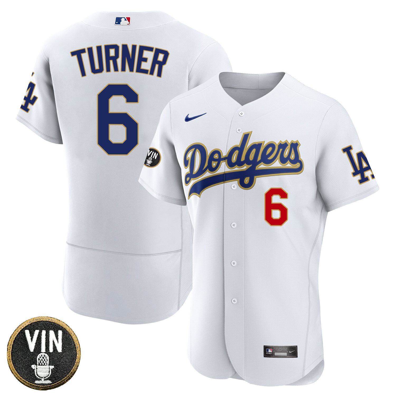 Trea Turner Los Angeles Dodgers Vin Scully Patch Gold Trim Player - White Jersey - All Stitched