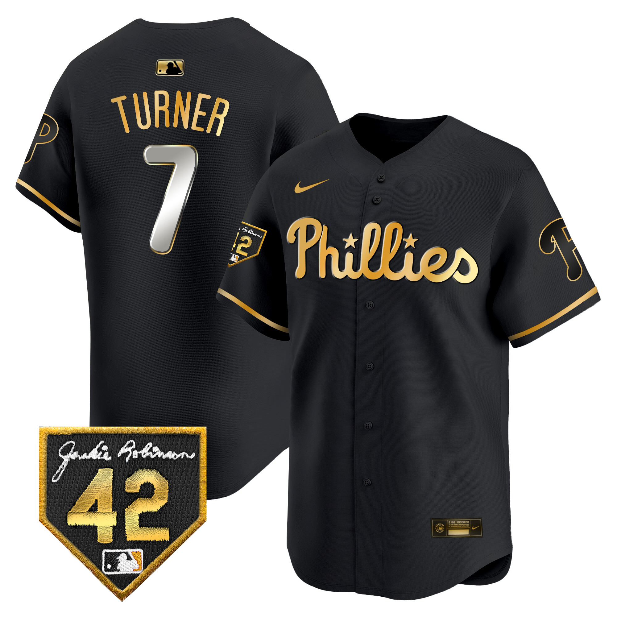 Trea Turner Men's Philadelphia Phillies 2024 Jackie Robinson Patch Vapor Premier Limited Black Gold Jersey - All Stitched