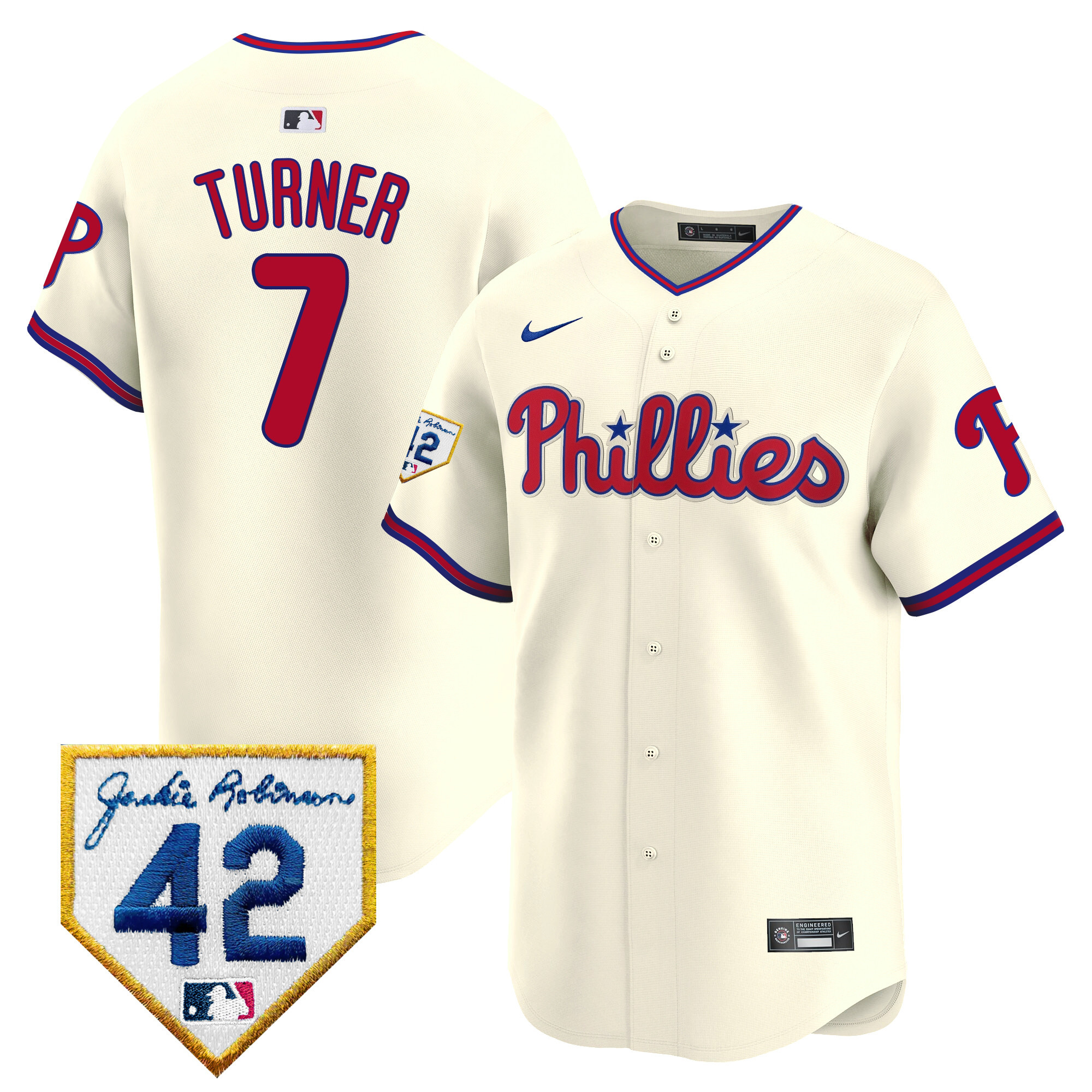 Trea Turner Men's Philadelphia Phillies 2024 Jackie Robinson Patch Vapor Premier Limited Cream Jersey - All Stitched