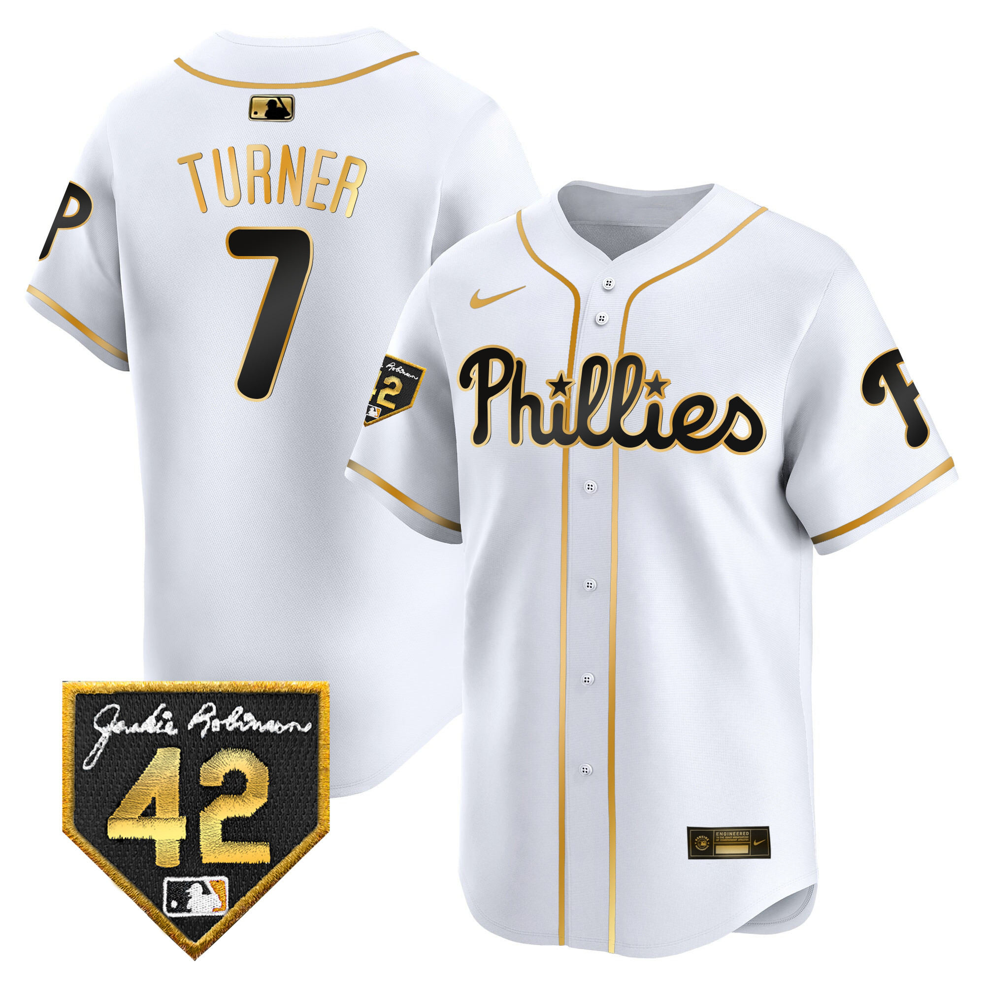 Trea Turner Men's Philadelphia Phillies 2024 Jackie Robinson Patch Vapor Premier Limited White Gold Jersey - All Stitched