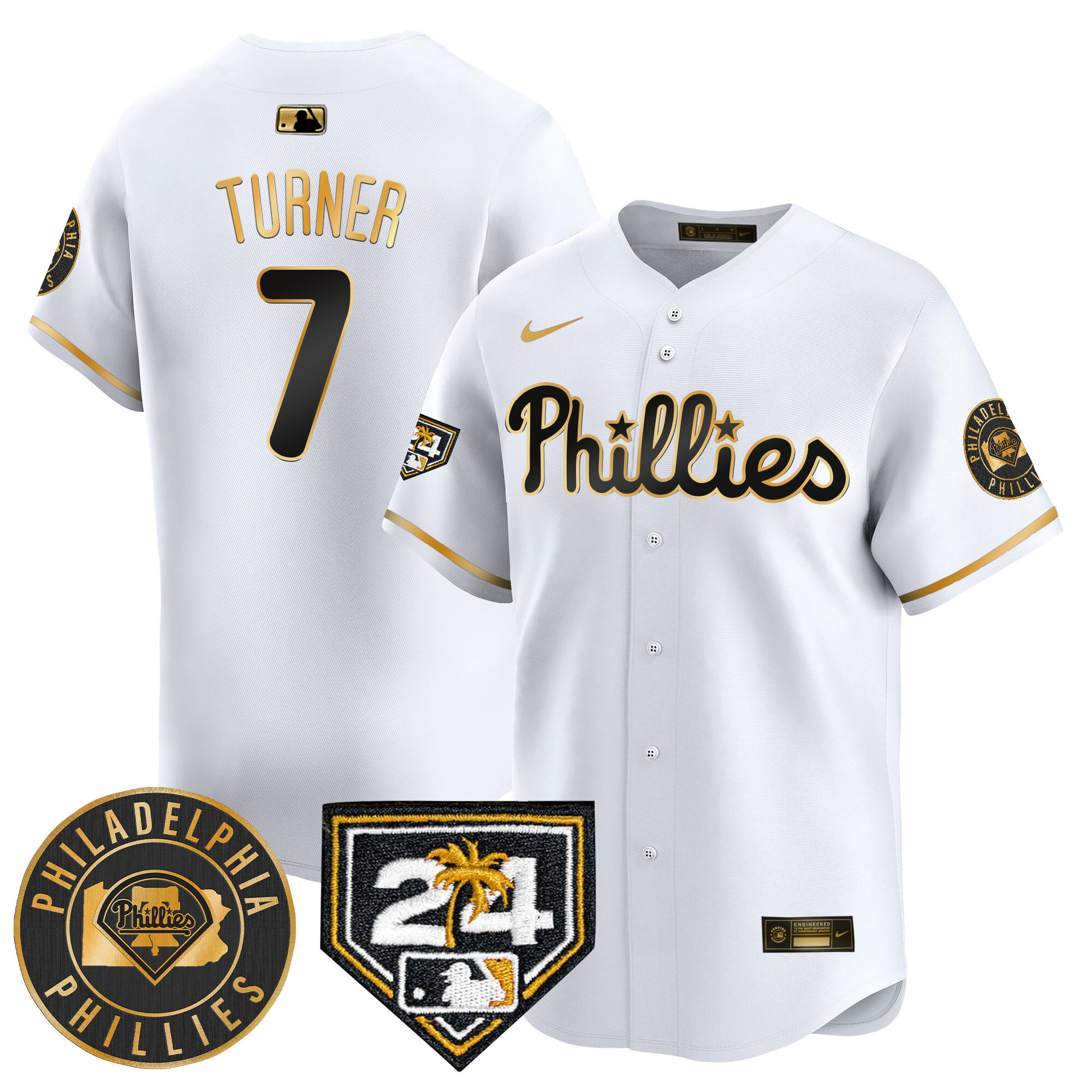 Trea Turner Men's Philadelphia Phillies 2024 Spring Training Patch Vapor Premier Limited V2 White Gold Jersey - All Stitched