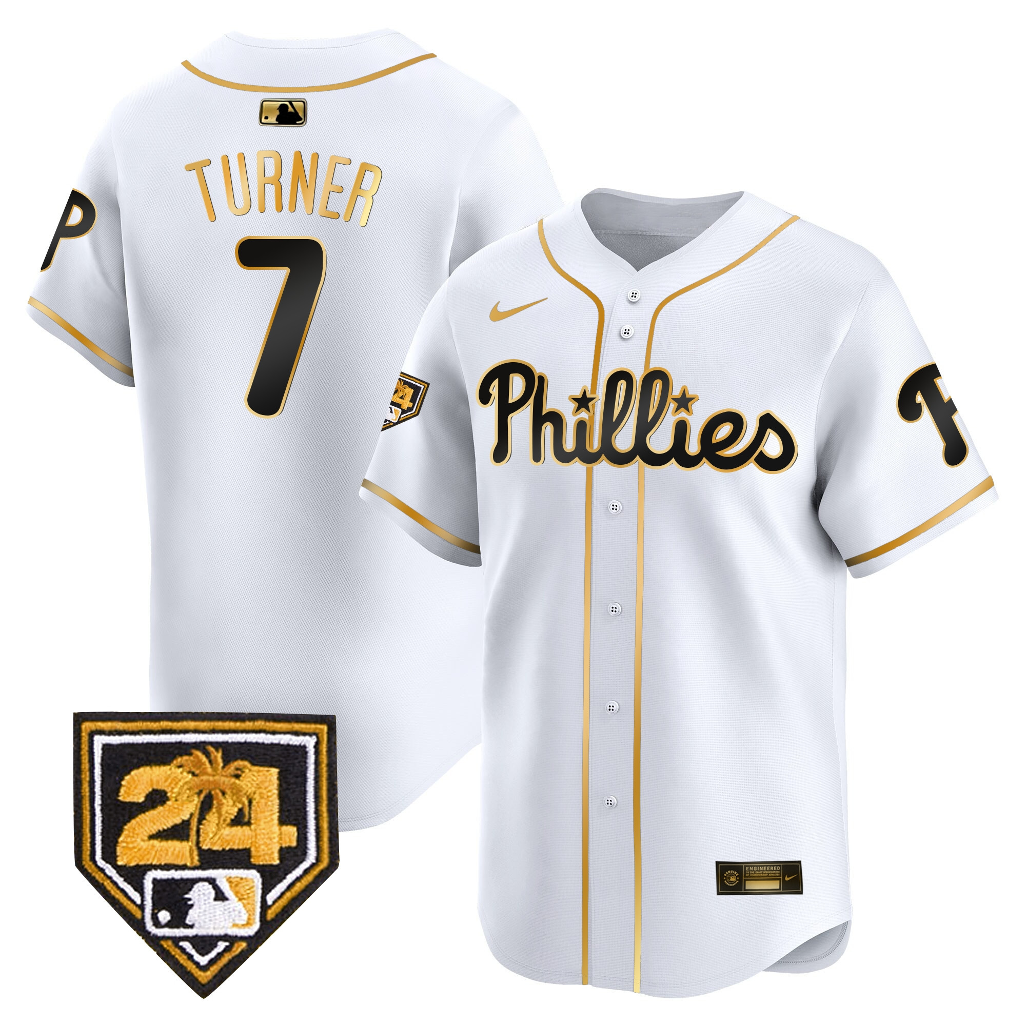 Trea Turner Men's Philadelphia Phillies 2024 Spring Training Patch Vapor Premier Limited White Gold Jersey - All Stitched