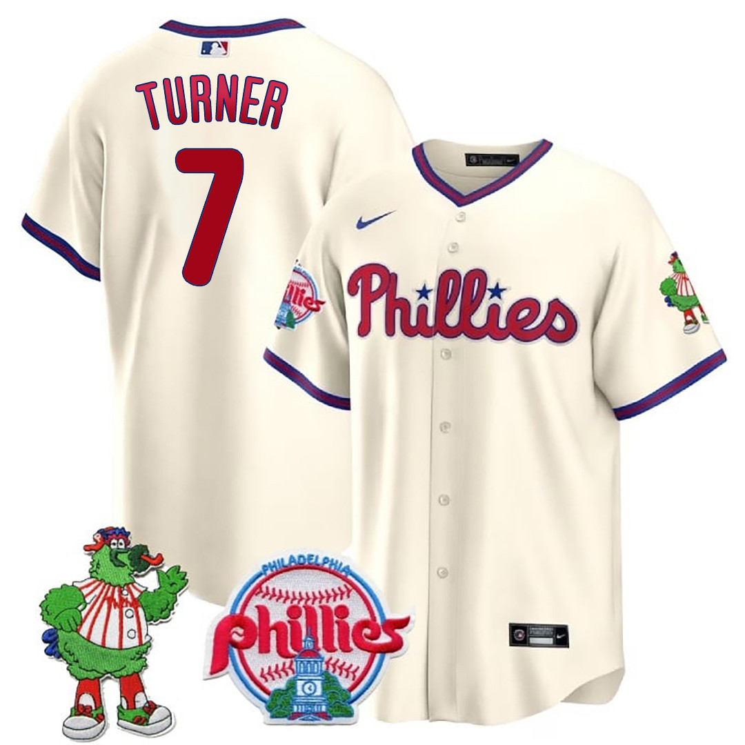 Trea Turner Men's Philadelphia Phillies Phillie Phanatic Patch Cool Base Cream Jersey - All Stitched