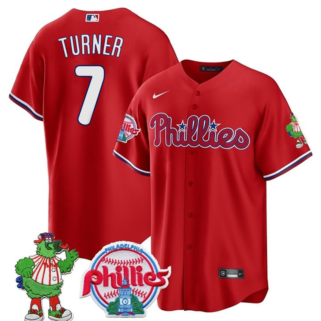 Trea Turner Men's Philadelphia Phillies Phillie Phanatic Patch Cool Base Red Jersey - All Stitched