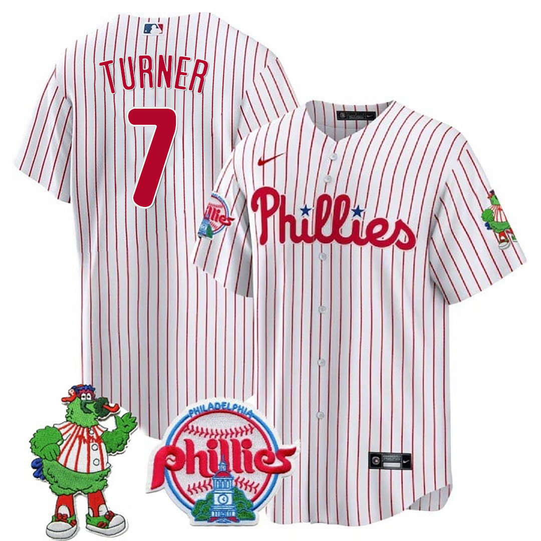 Trea Turner Men's Philadelphia Phillies Phillie Phanatic Patch Cool Base White Jersey - All Stitched