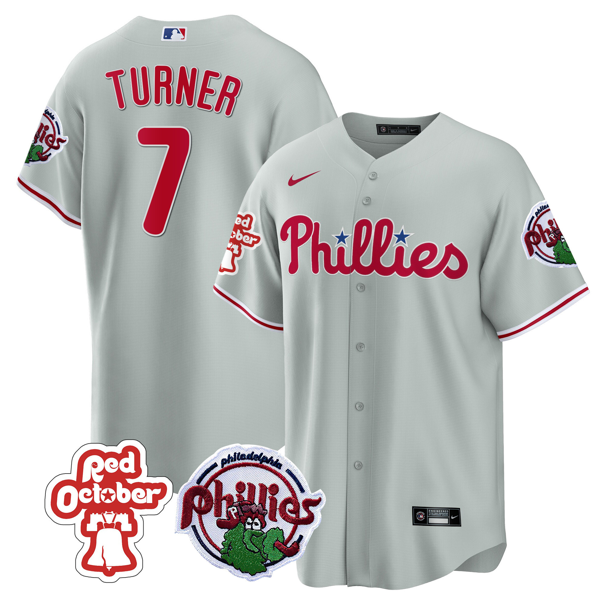 Trea Turner Men's Philadelphia Phillies Red October Patch Cool Base Gray Jersey - All Stitched
