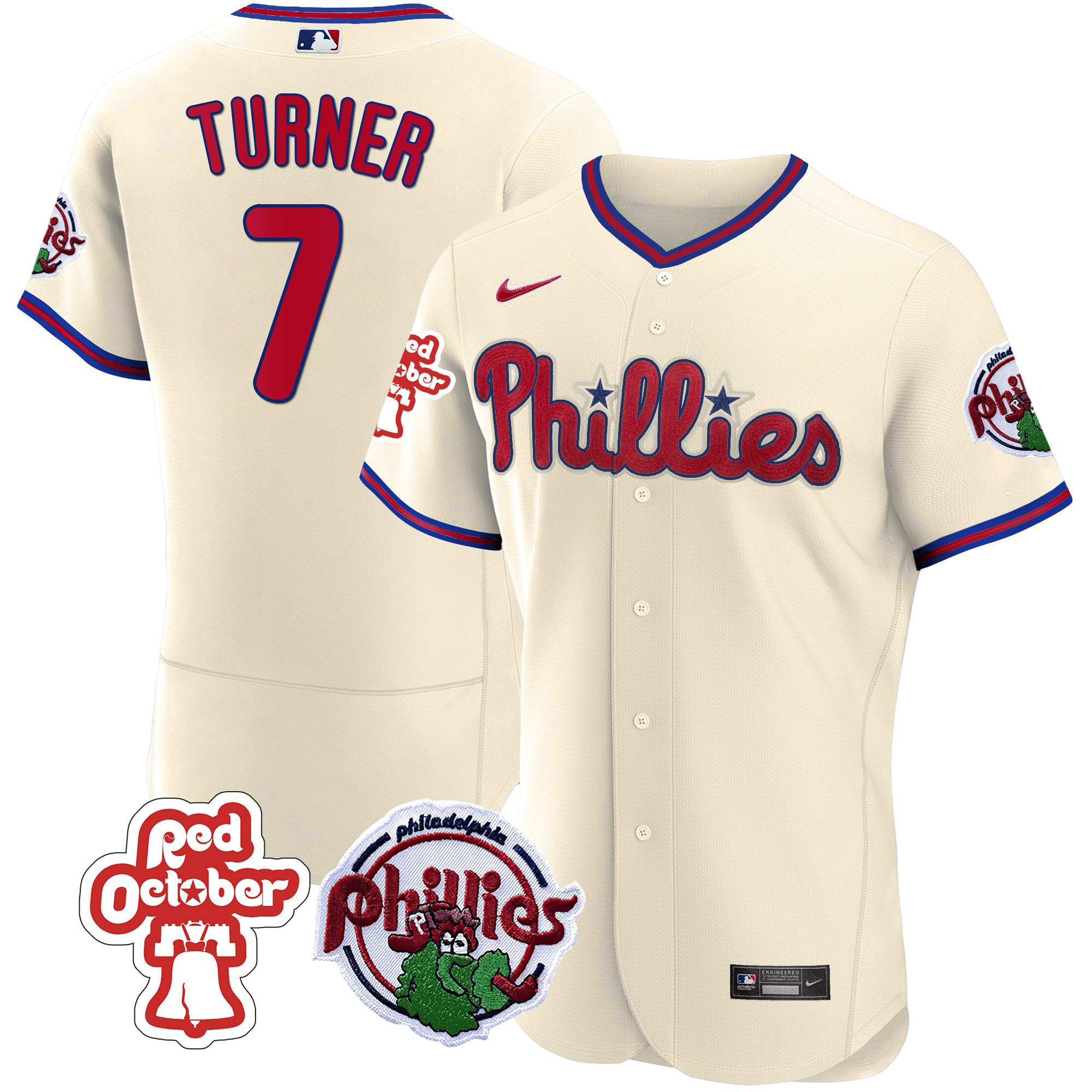 Trea Turner Men's Philadelphia Phillies Red October Patch Flex Base Cream Jersey - All Stitched - Image 1