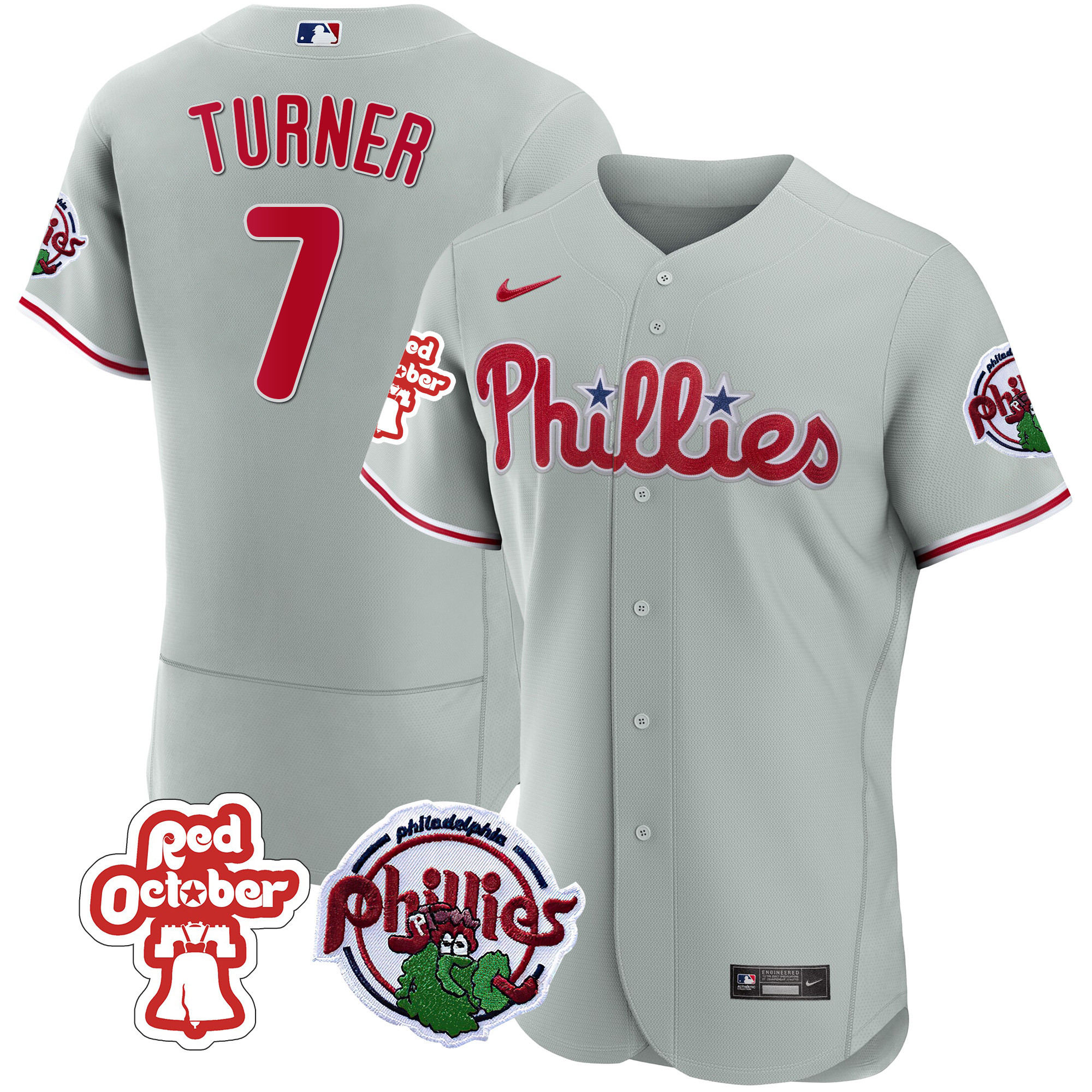 Trea Turner Men's Philadelphia Phillies Red October Patch Flex Base Gray Jersey - All Stitched - Image 1