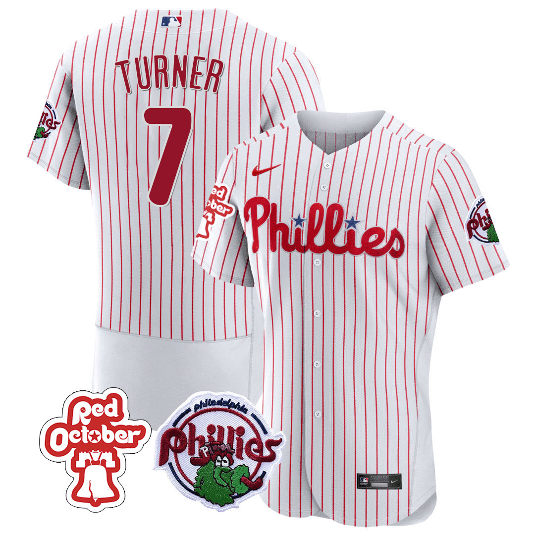 Trea Turner Men's Philadelphia Phillies Red October Patch Flex Base White Jersey - All Stitched