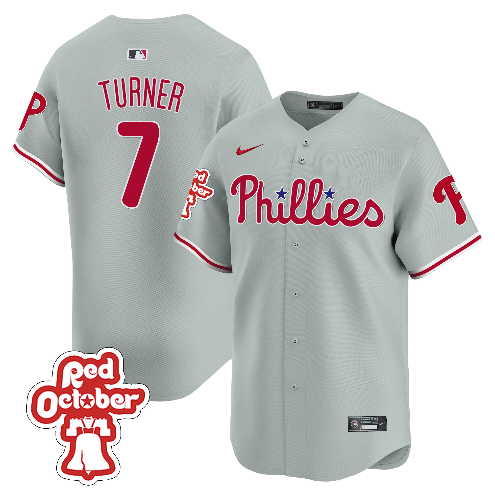 Trea Turner Men's Philadelphia Phillies Red Octorber Patch Vapor Premier Limited Gray Road Jersey - All Stitched