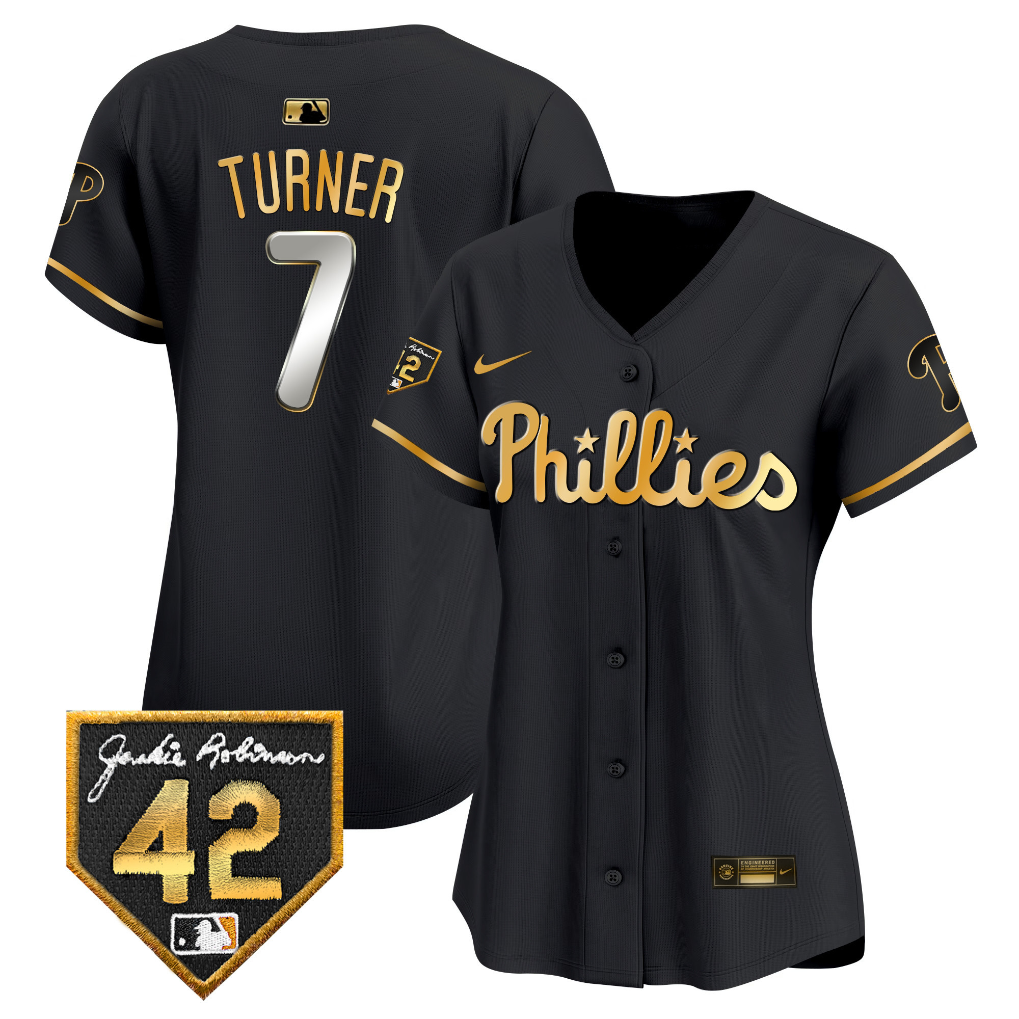 Trea Turner Women's Philadelphia Phillies 2024 Jackie Robinson Patch Vapor Premier Limited Black Gold Jersey - All Stitched