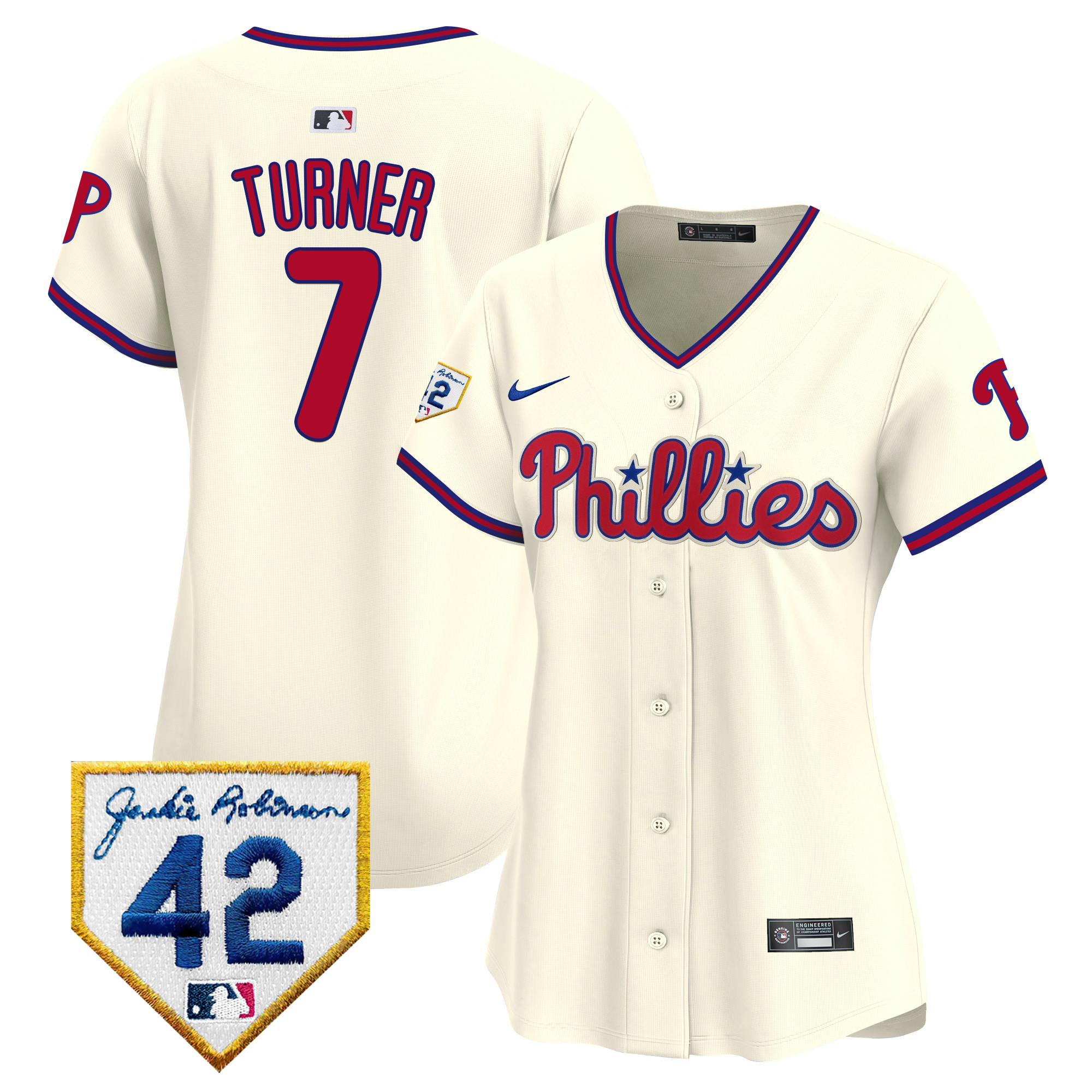 Trea Turner Women's Philadelphia Phillies 2024 Jackie Robinson Patch Vapor Premier Limited Cream Jersey - All Stitched