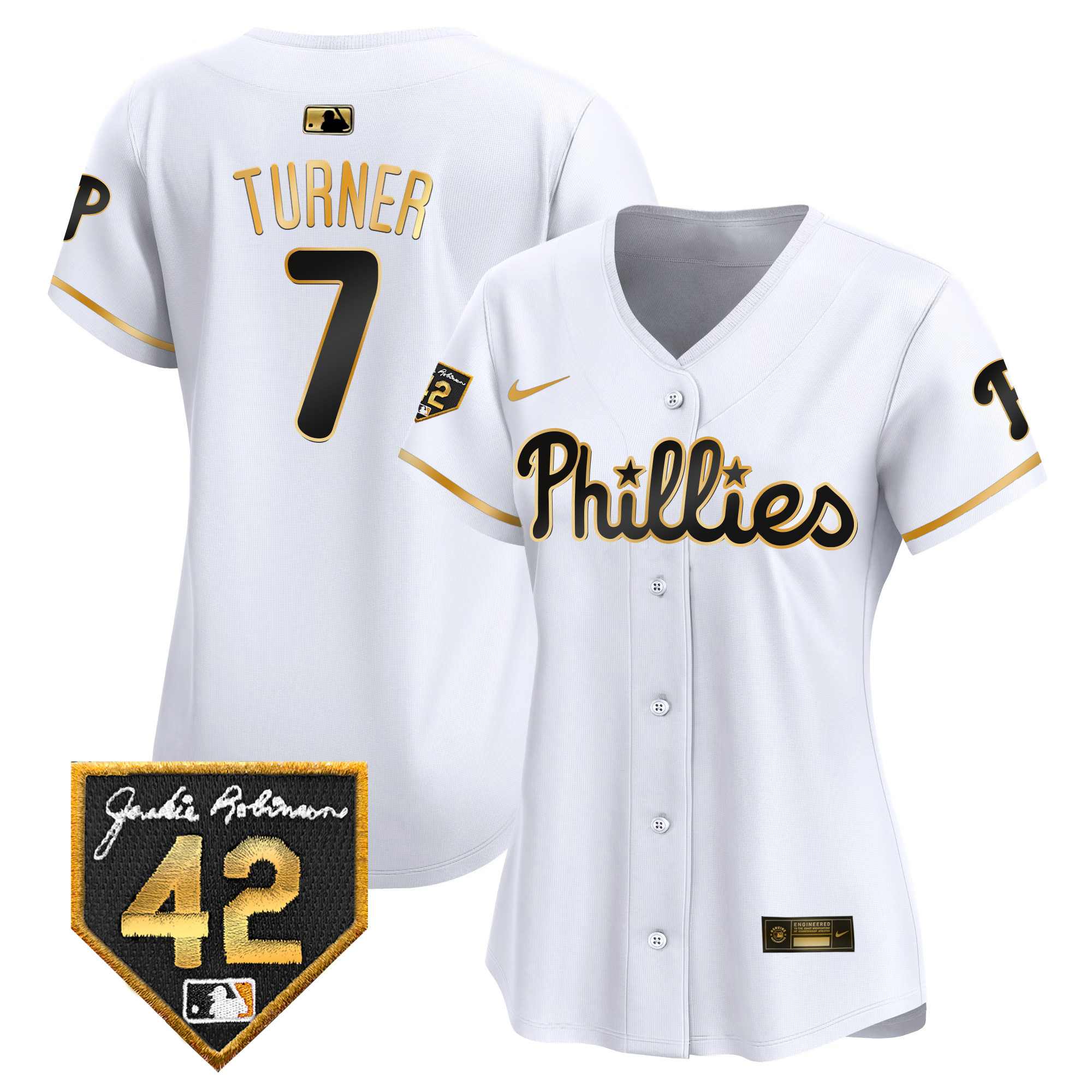 Trea Turner Women's Philadelphia Phillies 2024 Jackie Robinson Patch Vapor Premier Limited White Gold Jersey - All Stitched