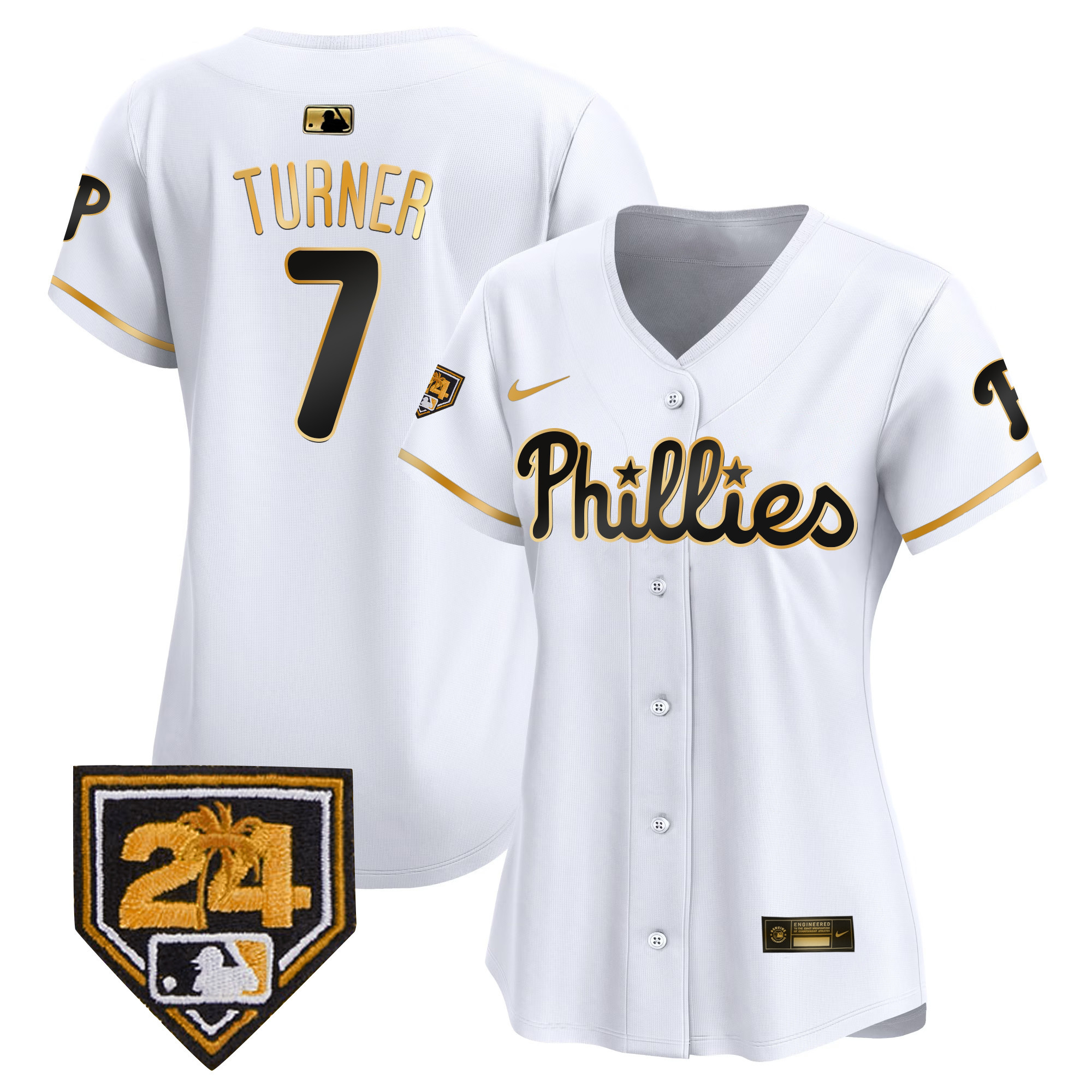 Trea Turner Women's Philadelphia Phillies 2024 Spring Training Patch Vapor Premier Limited White Gold Jersey - All Stitched