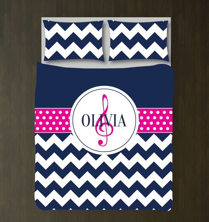 Treble Clef Chevron And Dot For Musicians Customized Navy, Hot Pink And White Duvet Cover Bedding Set