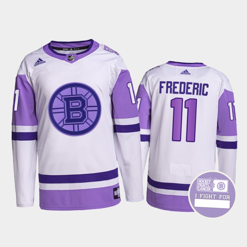 Trent Frederic #11 Boston Bruins Fights Cancer White Purple Primegreen Jersey