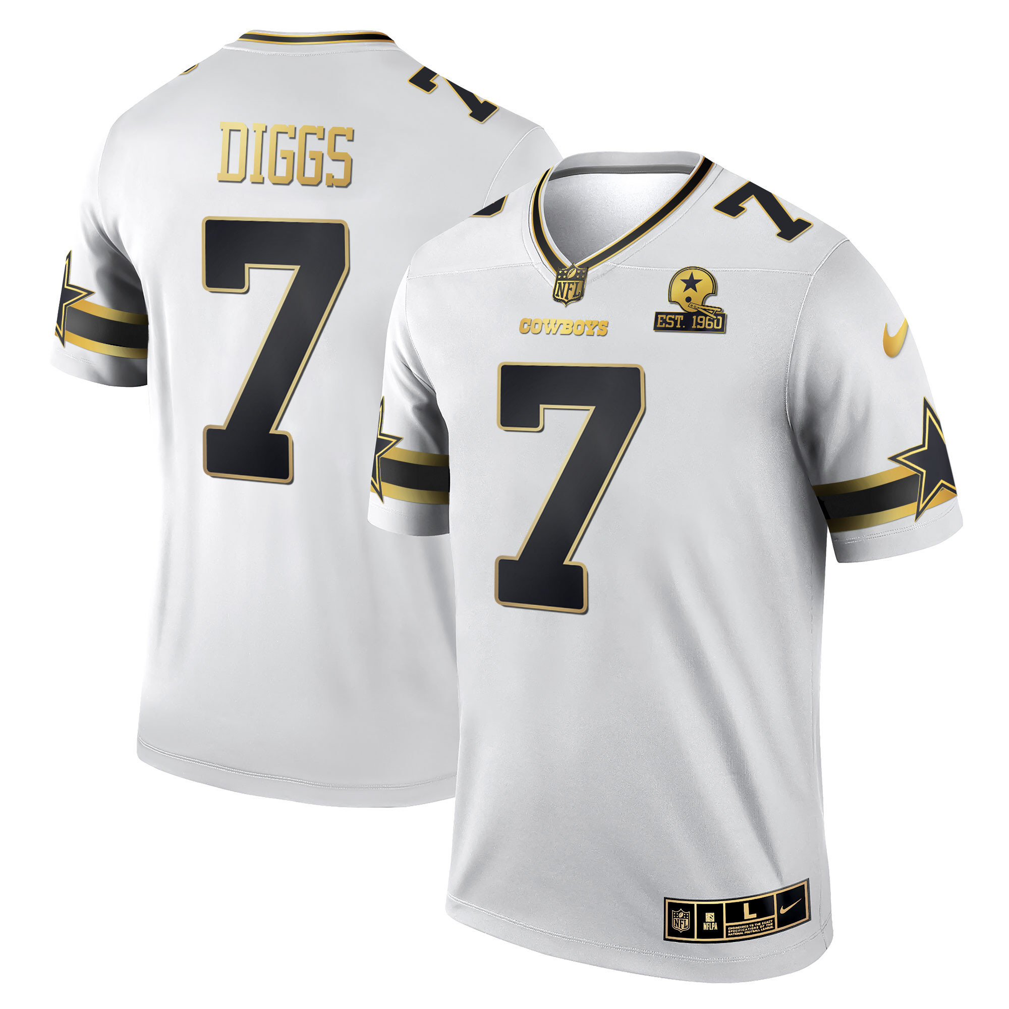 Trevon Diggs Men's Dallas Cowboys Black & White Gold Game Team Est 1960 Patch White Gold Jersey - All Stitched 