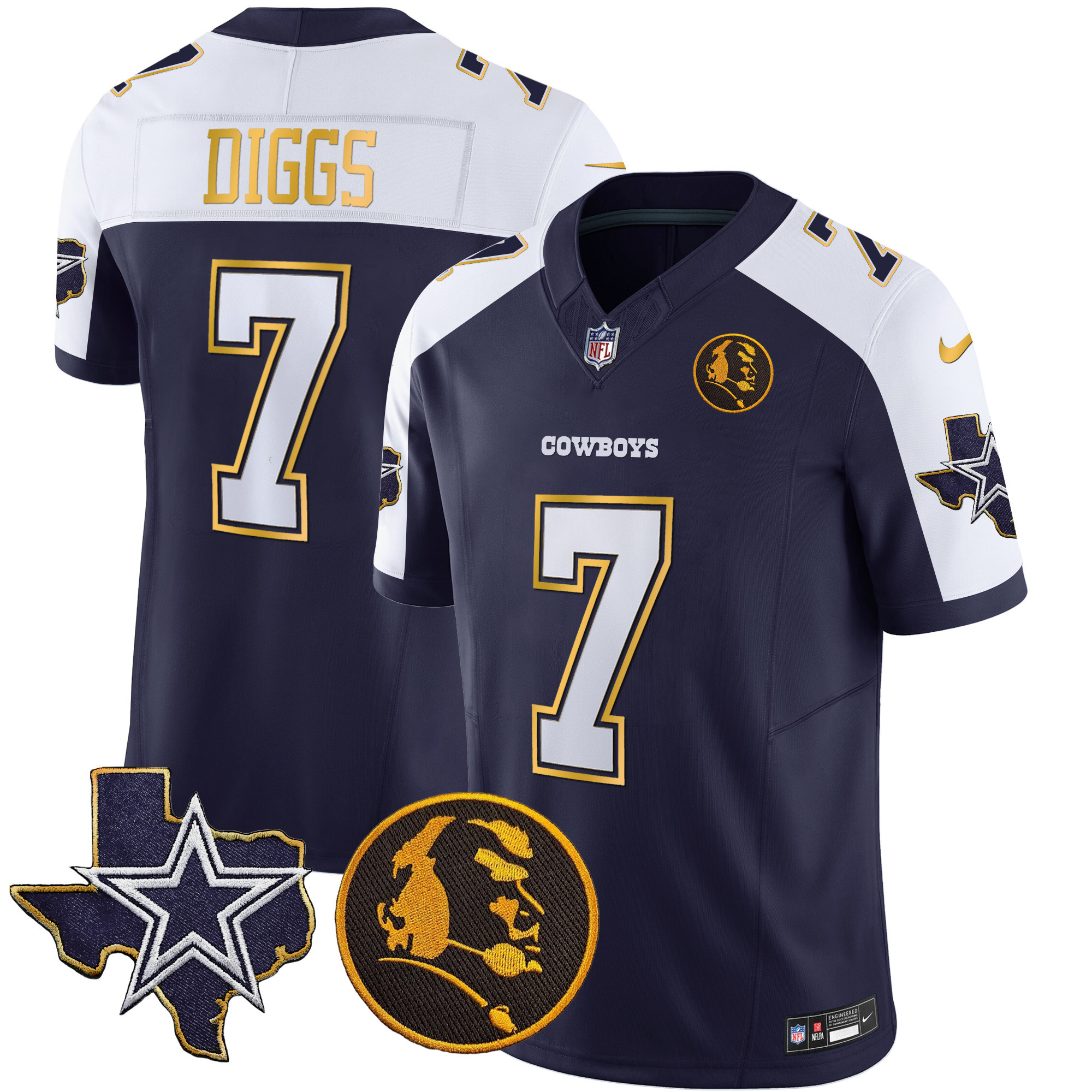 Trevon Diggs Men's Dallas Cowboys Texas & John Madden Patch Gold Trim Vapor Navy Alternate Jersey - All Stitched 
