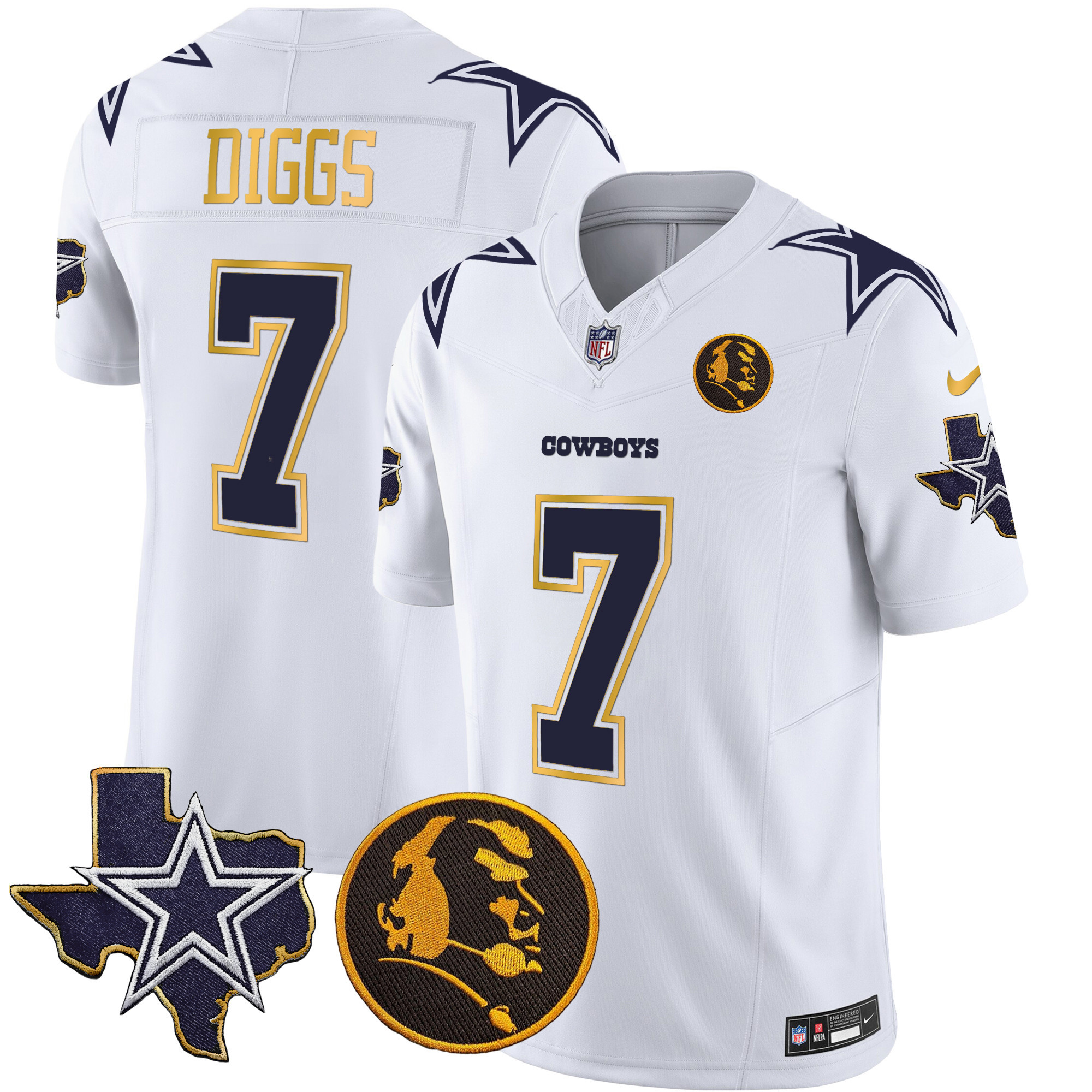 Trevon Diggs Men's Dallas Cowboys Texas & John Madden Patch Gold Trim Vapor White Jersey - All Stitched 