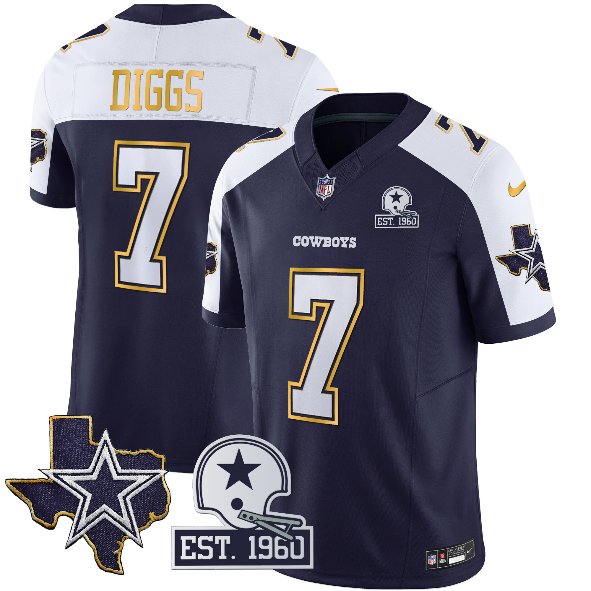 Trevon Diggs Men's Dallas Cowboys Texas Patch Gold Trim Vapor Navy Alternate Jersey - All Stitched 