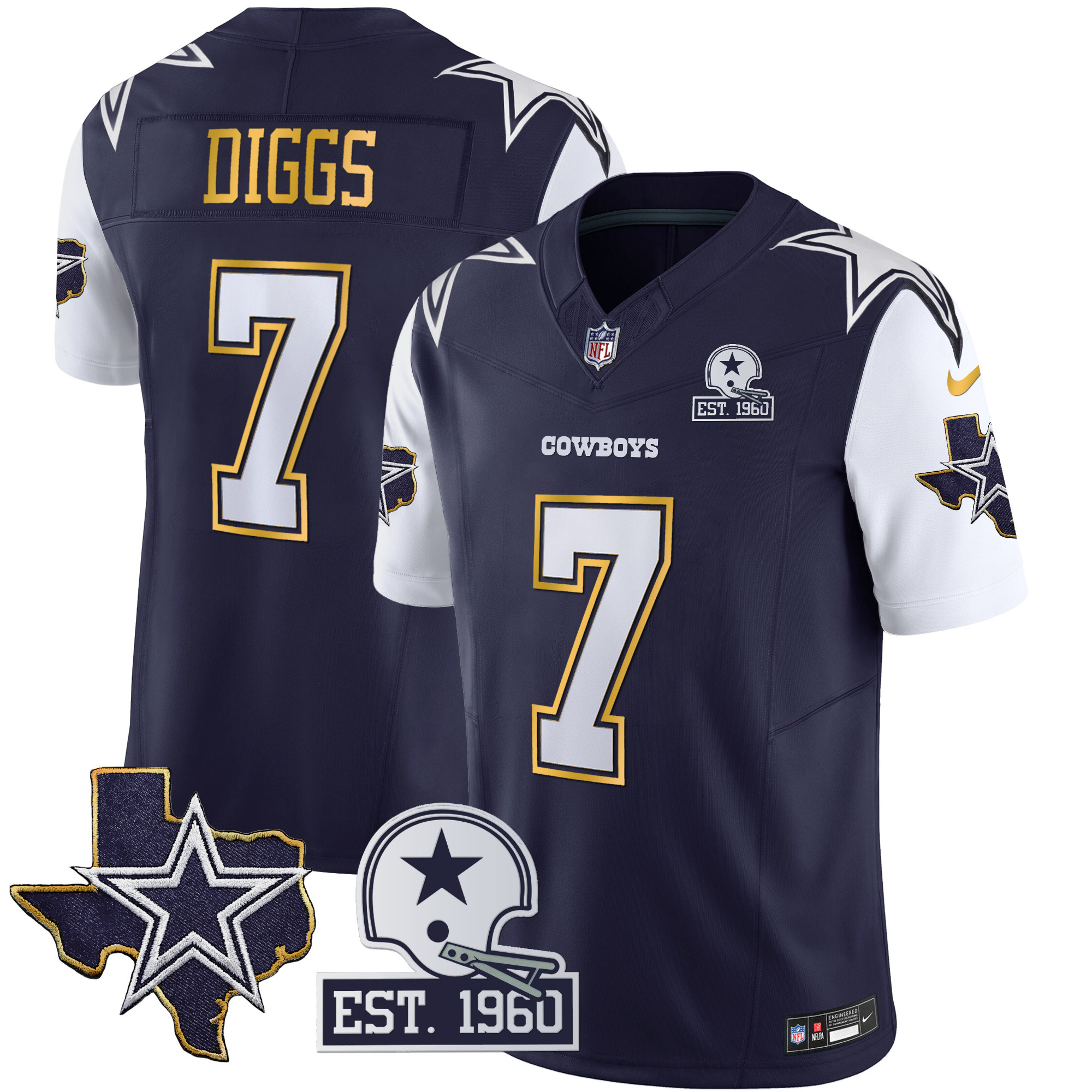 Trevon Diggs Men's Dallas Cowboys Texas Patch Gold Trim Vapor Navy Jersey - All Stitched 