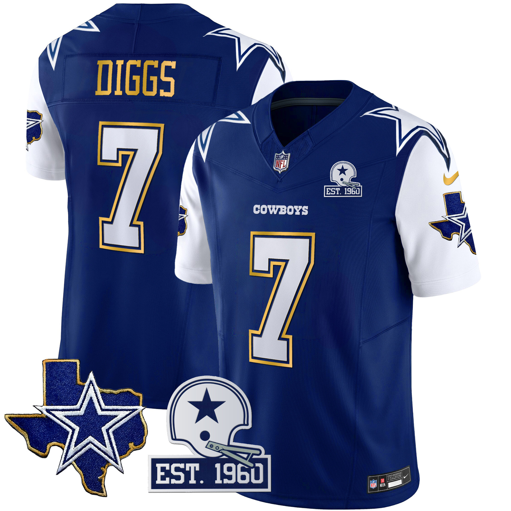 Trevon Diggs Men's Dallas Cowboys Texas Patch Gold Trim Vapor Royal Jersey - All Stitched 