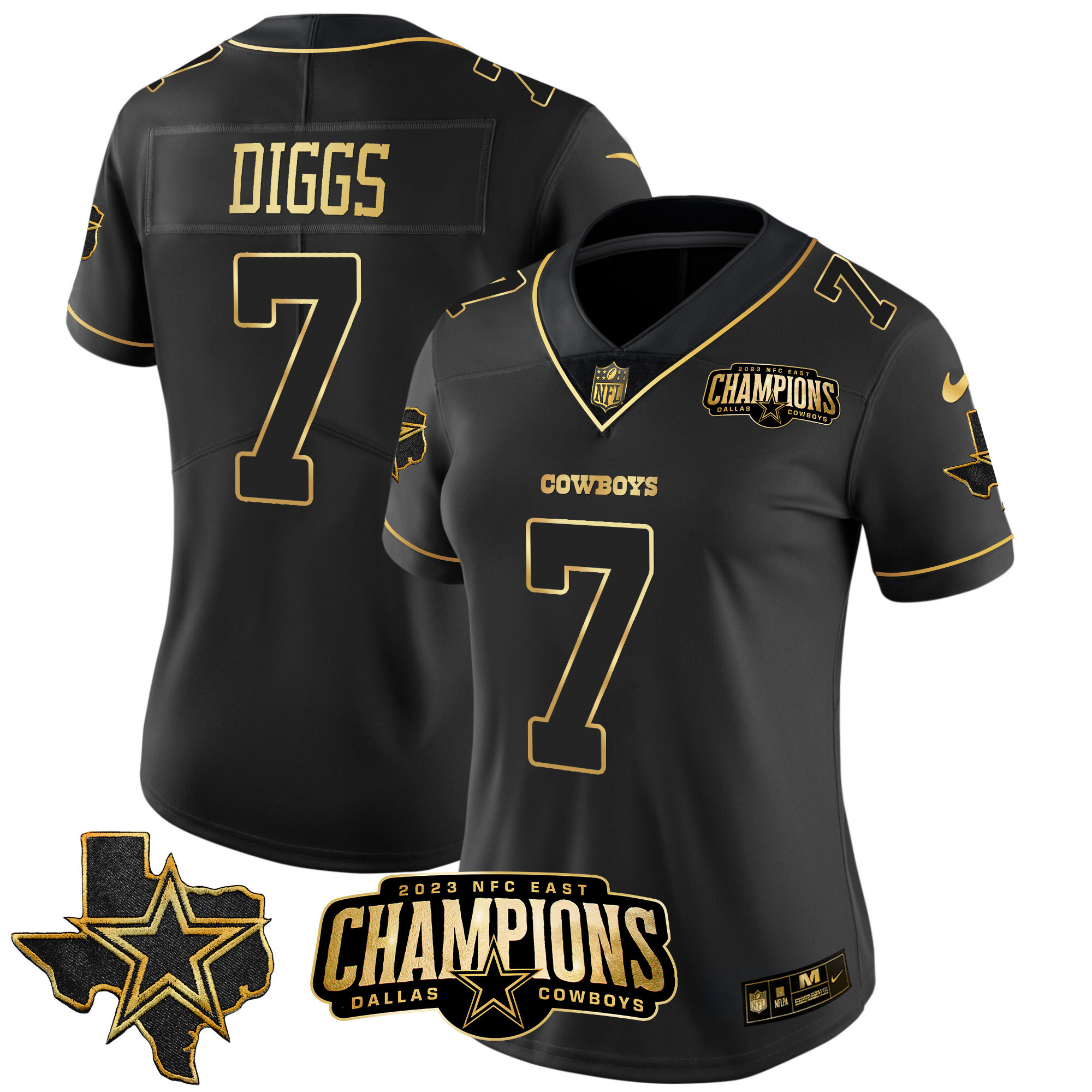 Trevon Diggs Women's Dallas Cowboys 2023 NFC East Champions Patch Gold Vapor Black Gold Jersey - All Stitched 