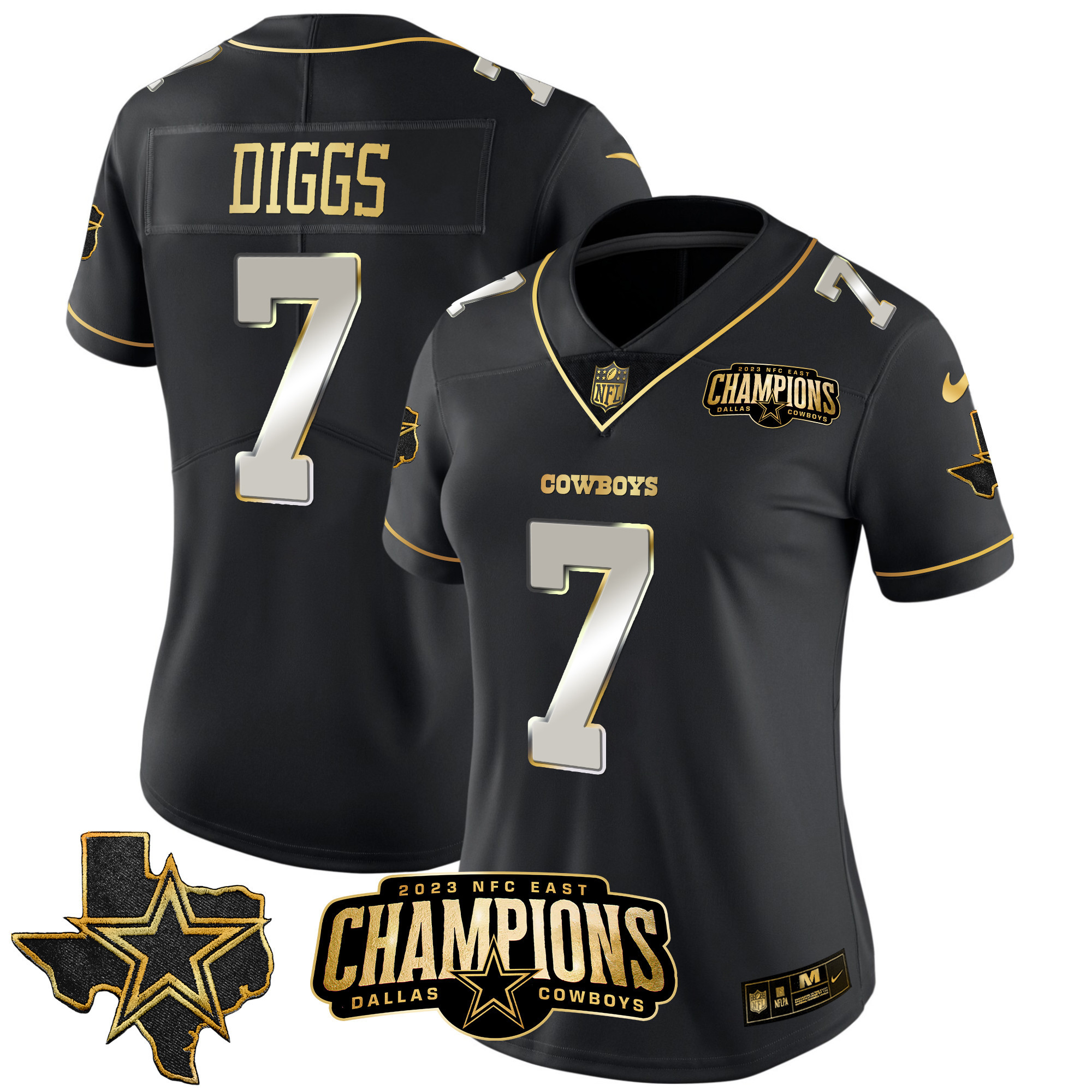 Trevon Diggs Women's Dallas Cowboys 2023 NFC East Champions Patch Gold Vapor Black Limited Jersey - All Stitched 