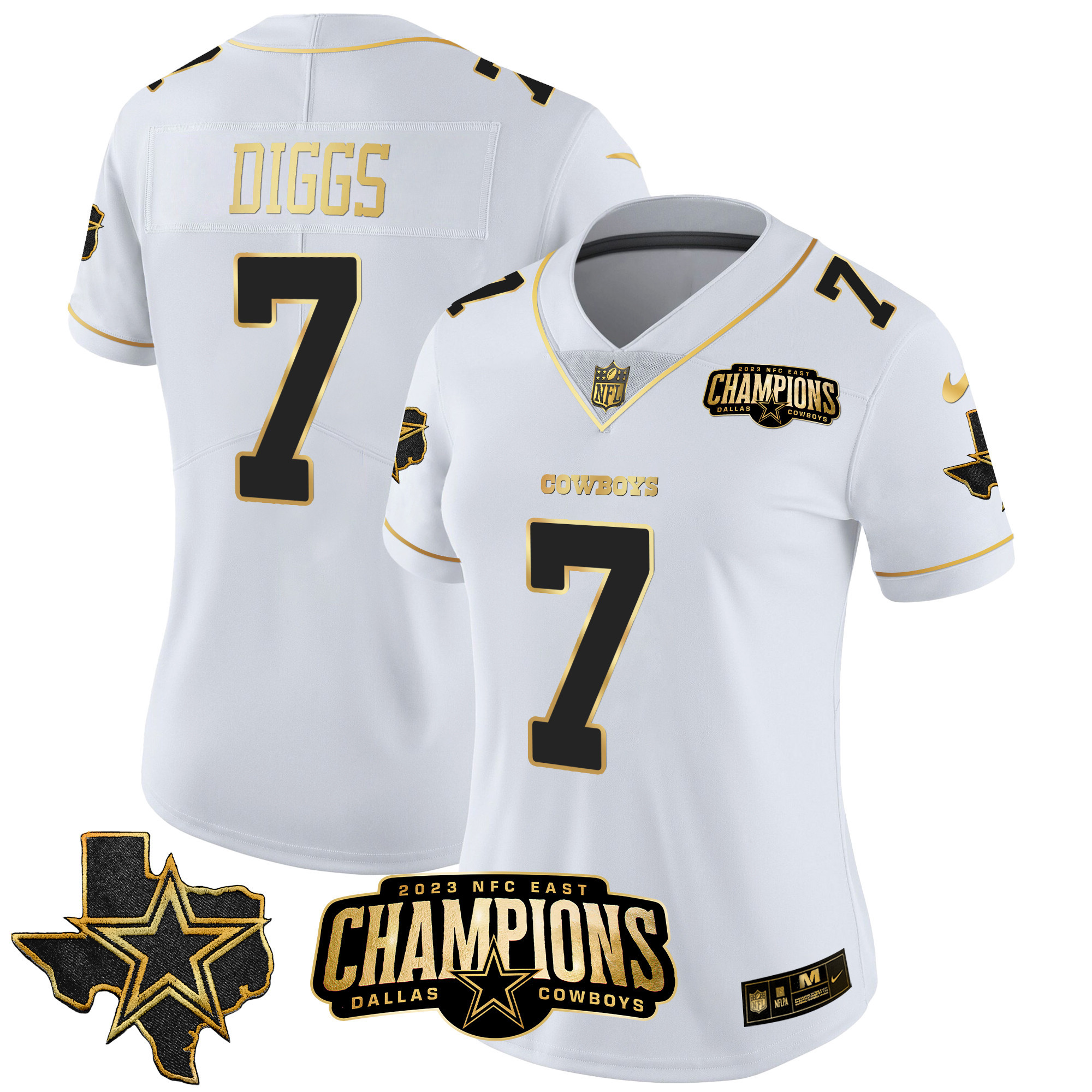 Trevon Diggs Women's Dallas Cowboys 2023 NFC East Champions Patch Gold Vapor White Gold Jersey - All Stitched 
