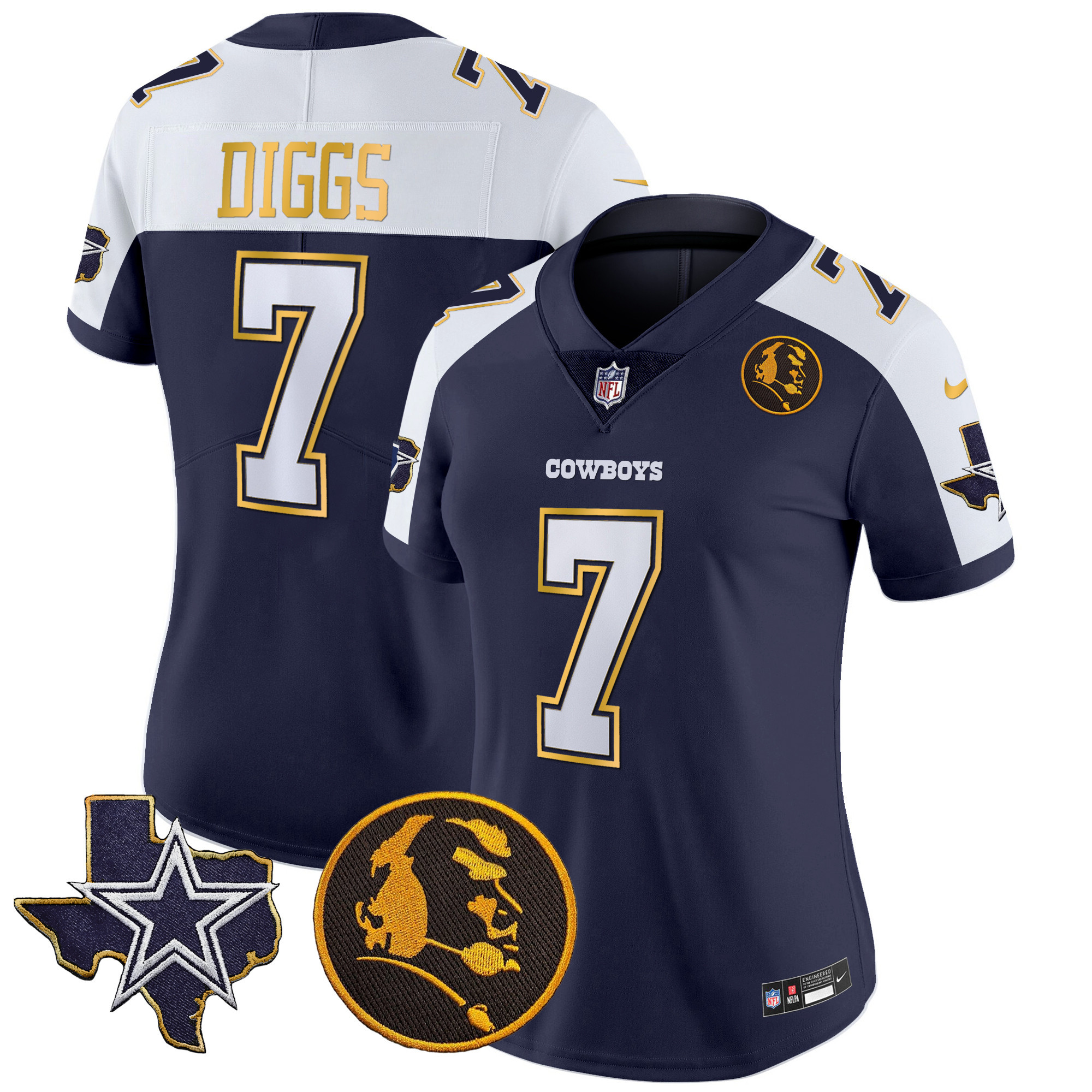 Trevon Diggs Women's Dallas Cowboys Texas & John Madden Patch Gold Trim Vapor Navy Alternate Jersey - All Stitched 